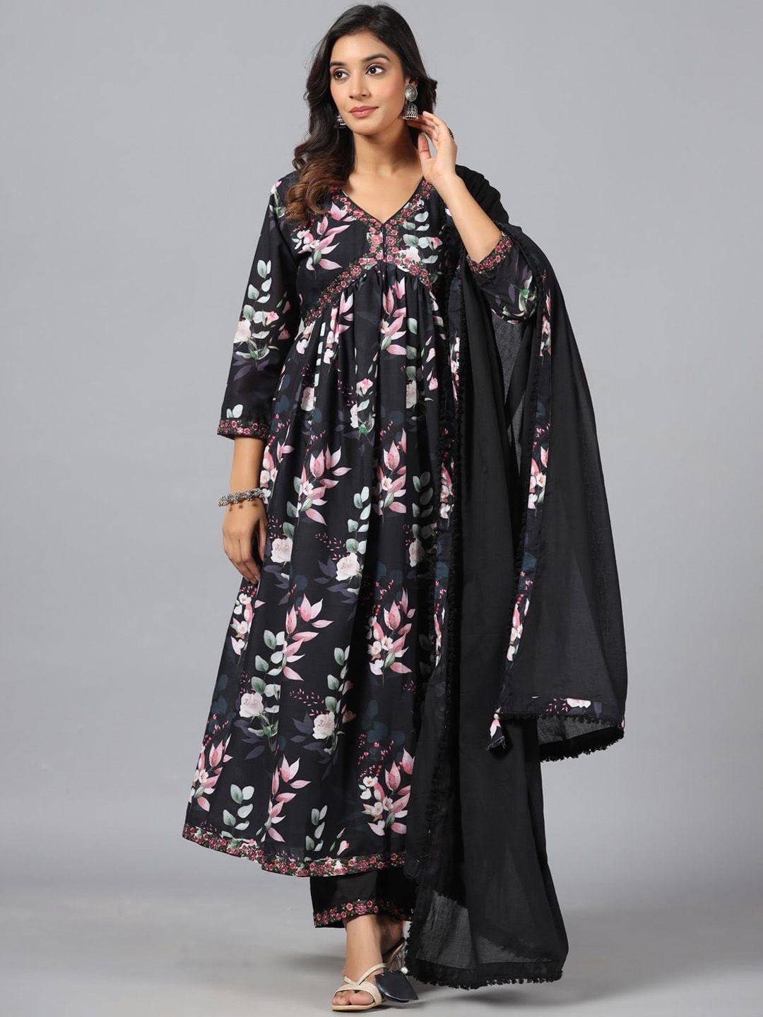 amchoor women black floral printed layered kurti with trousers & with dupatta