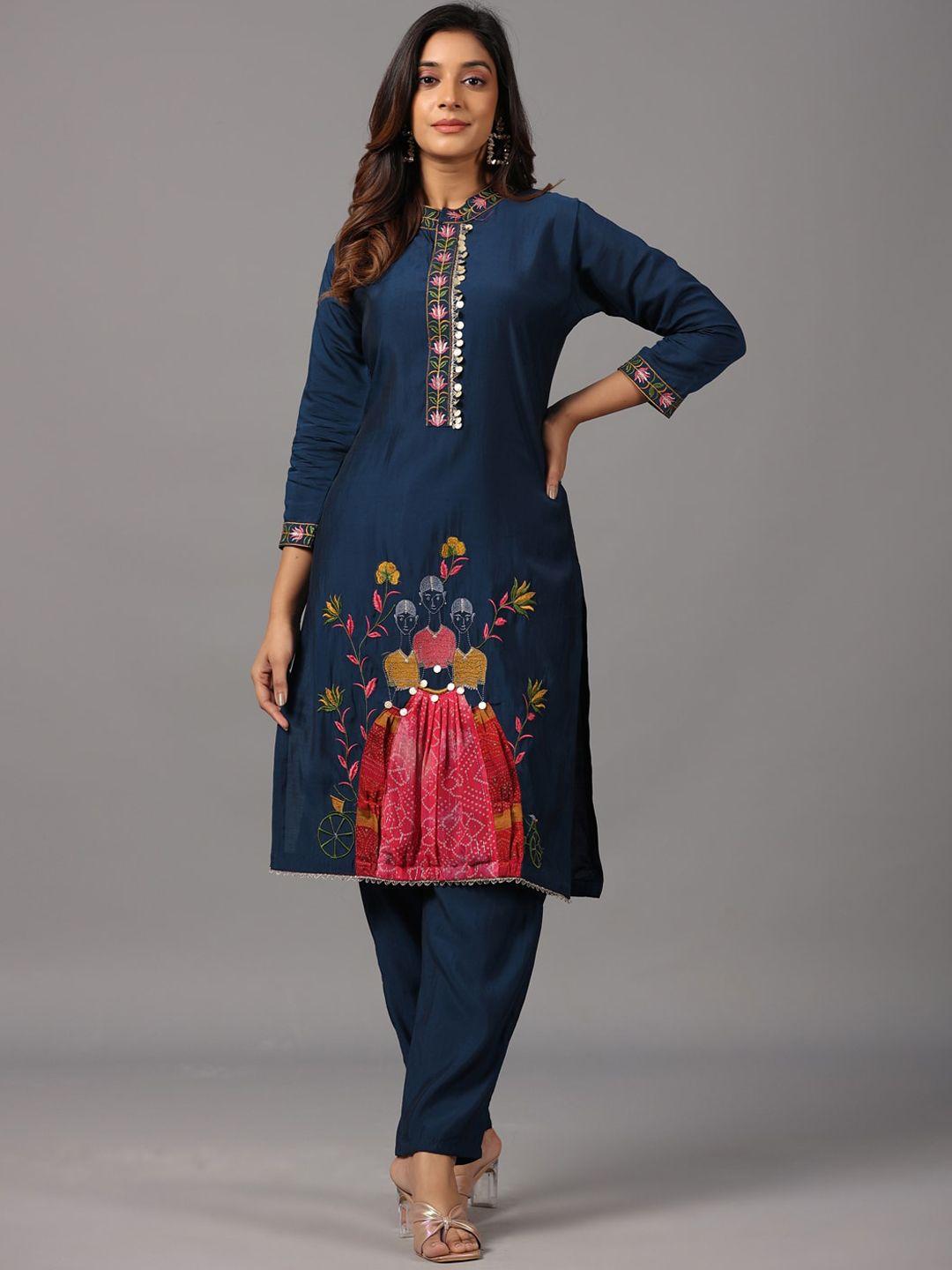 amchoor women navy blue regular kurti with trousers