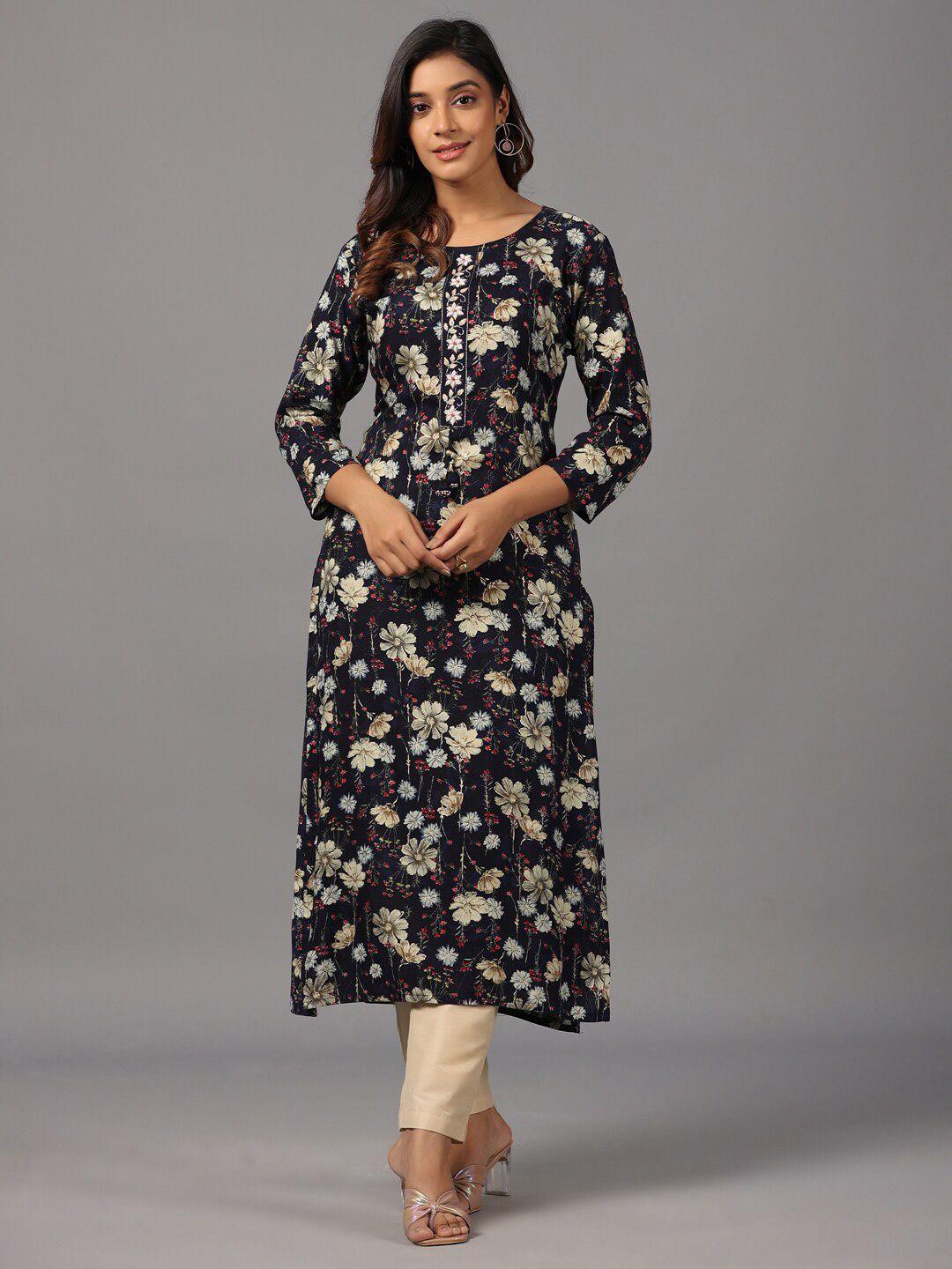 amchoor women navy blue floral printed floral kurta