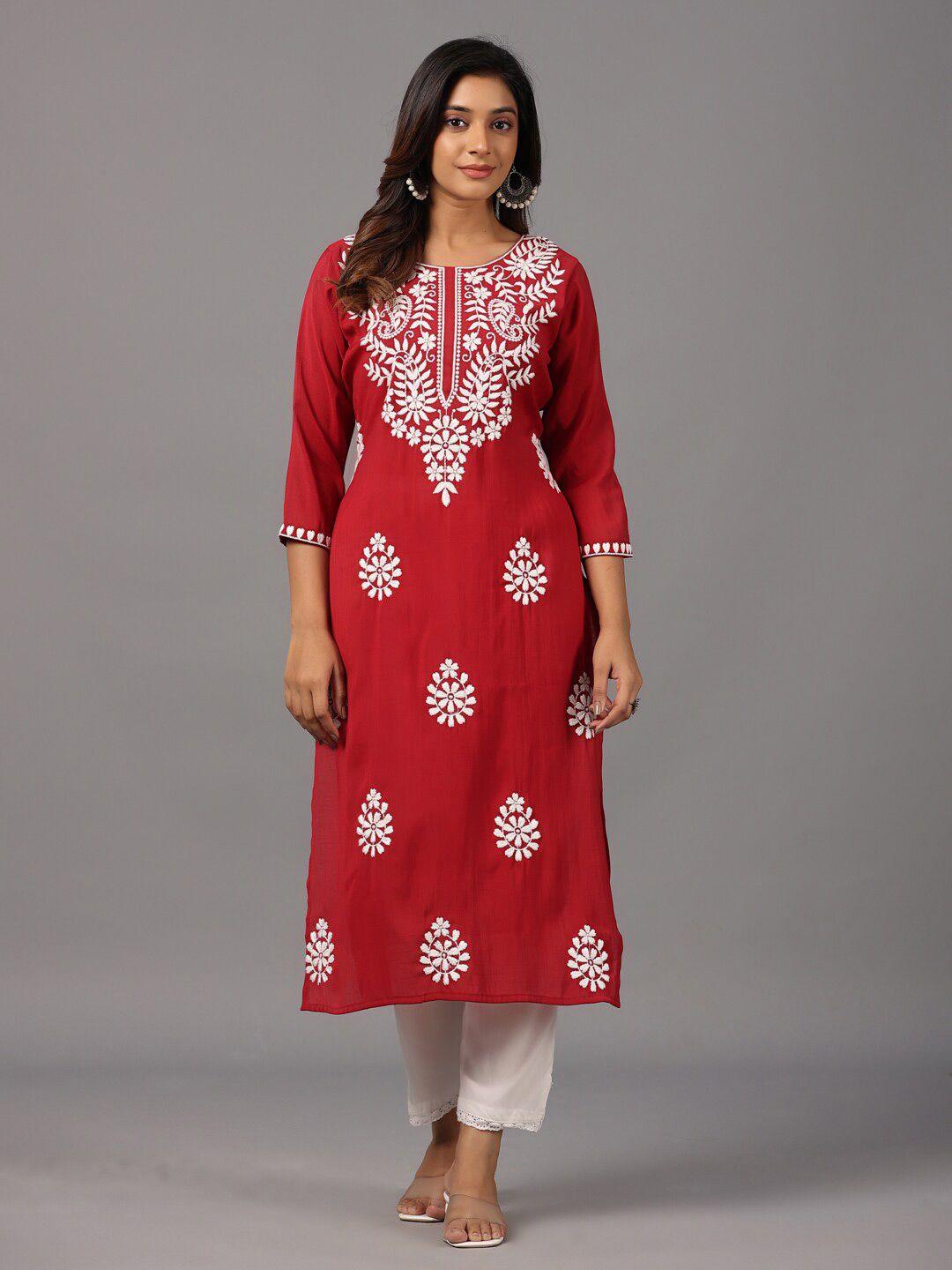 amchoor women maroon ethnic motifs embroidered thread work kurta