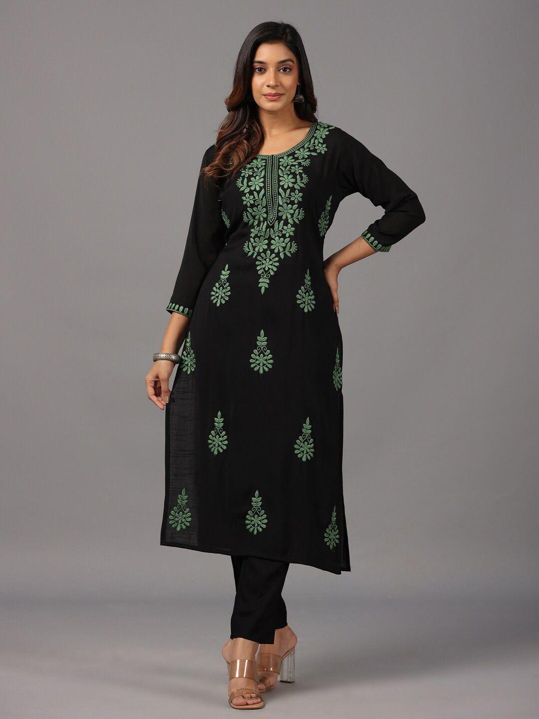 amchoor women green & black ethnic motifs embroidered thread work kurta