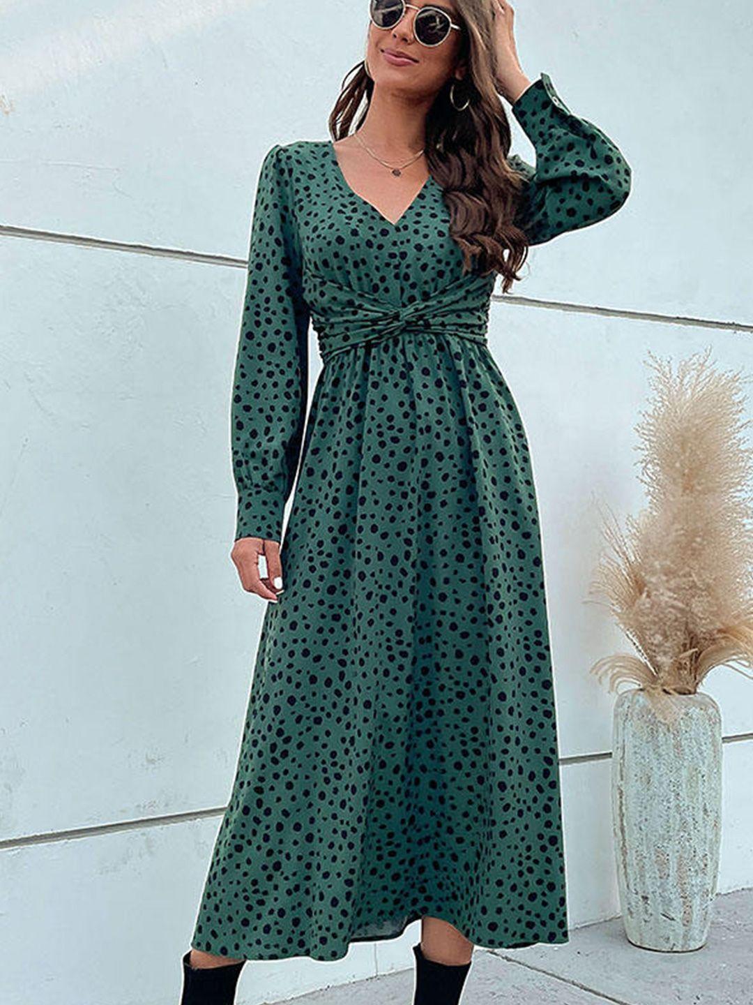 stylecast green & black abstract printed cuffed sleeves fit & flare midi dress