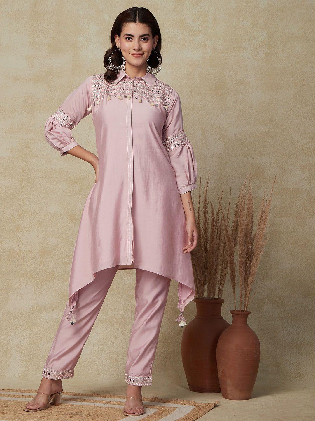 envy me by fashor women pink ethnic motifs embroidered regular mirror work kurta with trousers