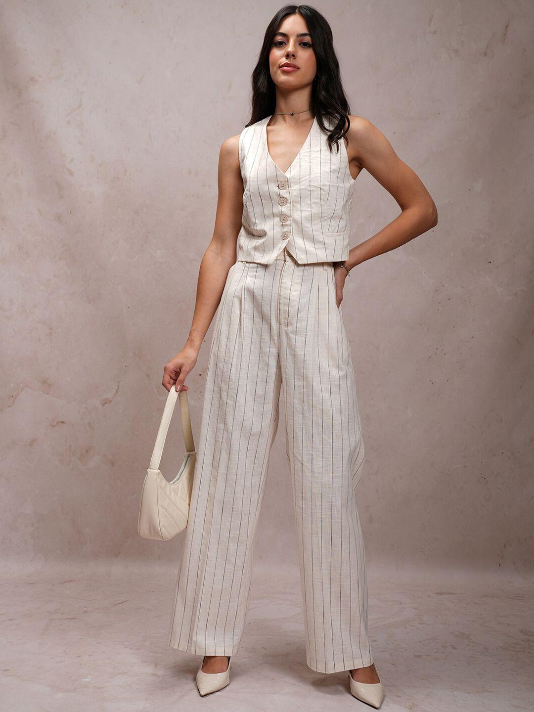 tokyo talkies cream coloured striped coat with wide leg trousers