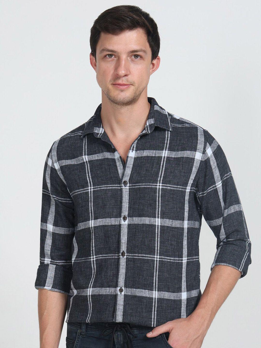 poe smart slim fit windowpane checked pure cotton shirt