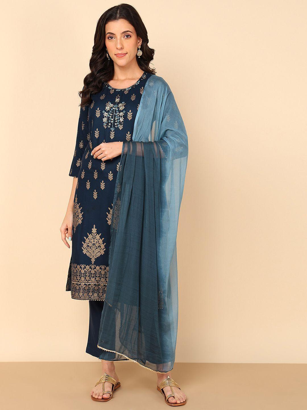 maaesa women blue floral printed regular aari work kurta with trousers & with dupatta