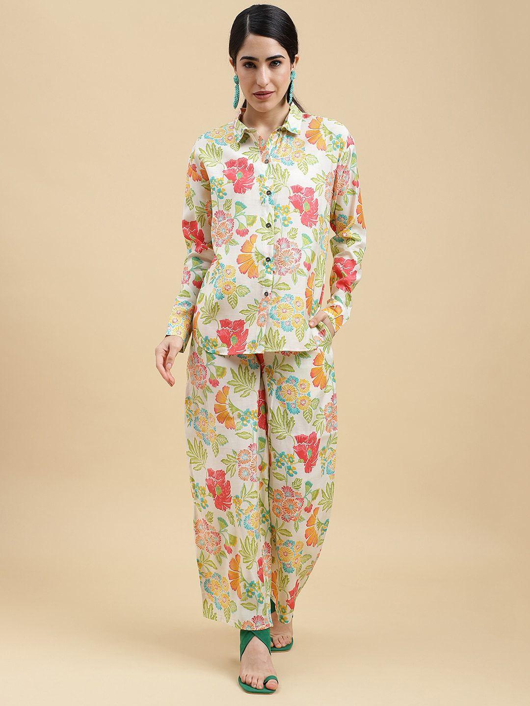 here&now co ord set printed collar neck shirt with trouser`