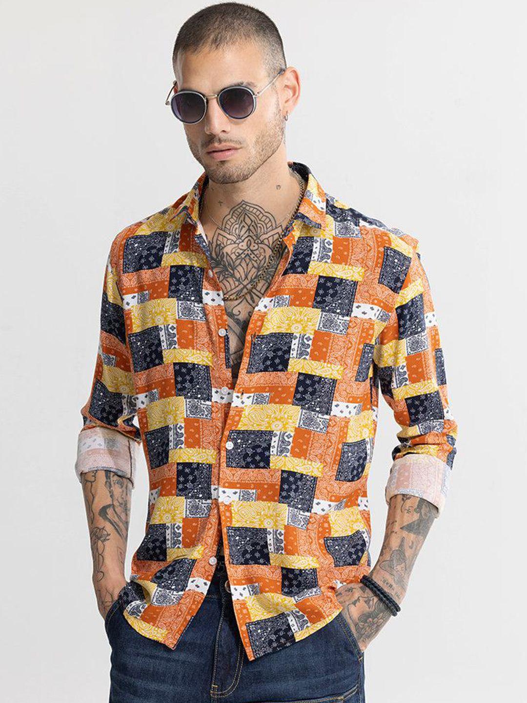 snitch men orange classic slim fit printed casual shirt