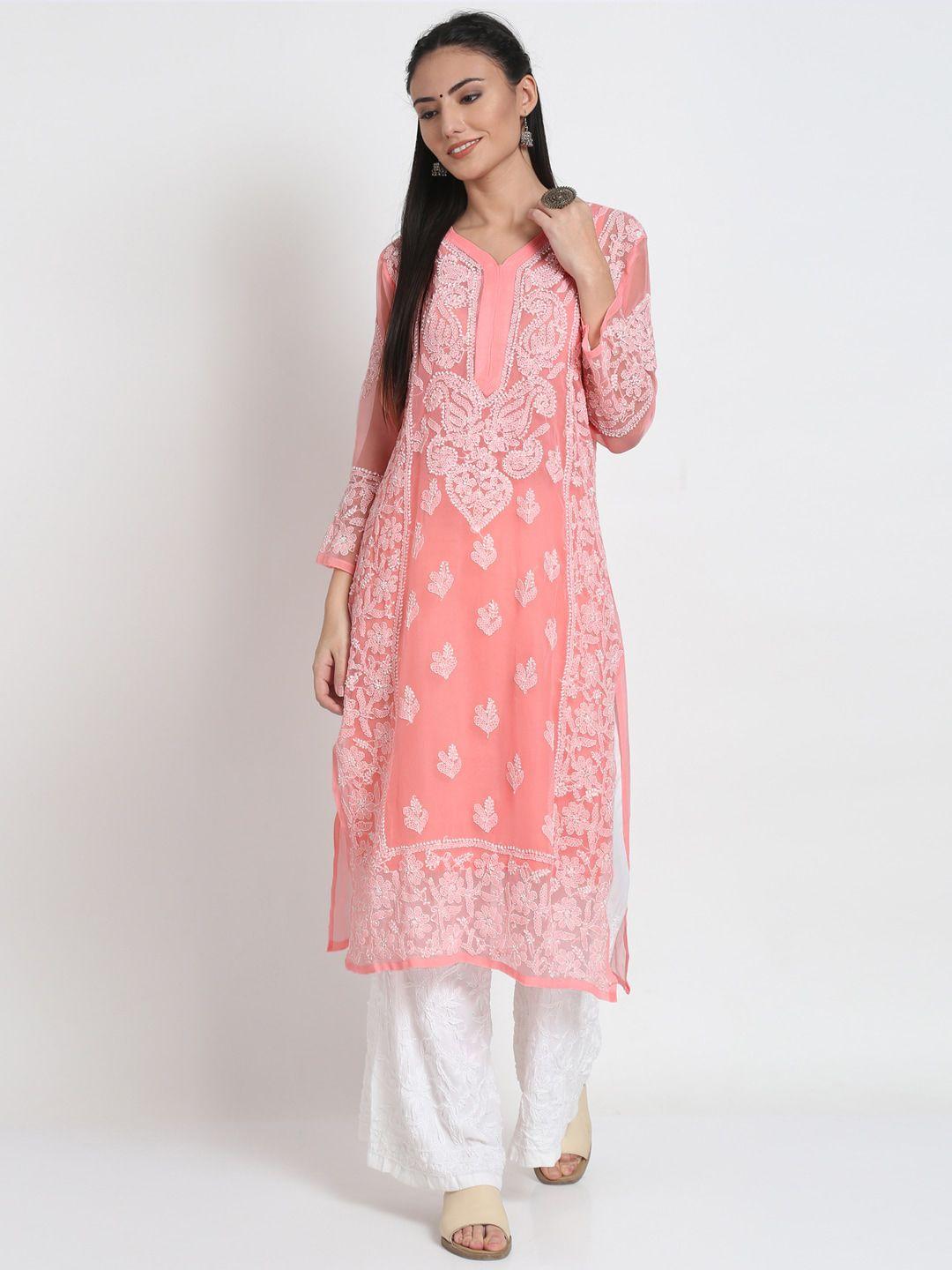 paramount chikan women peach-coloured & white ethnic motifs embroidered chikankari floral georgette kurta