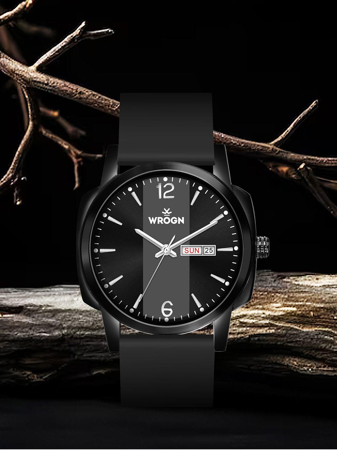 wrogn men straps water resistant analogue calendar watch wr-6604-black