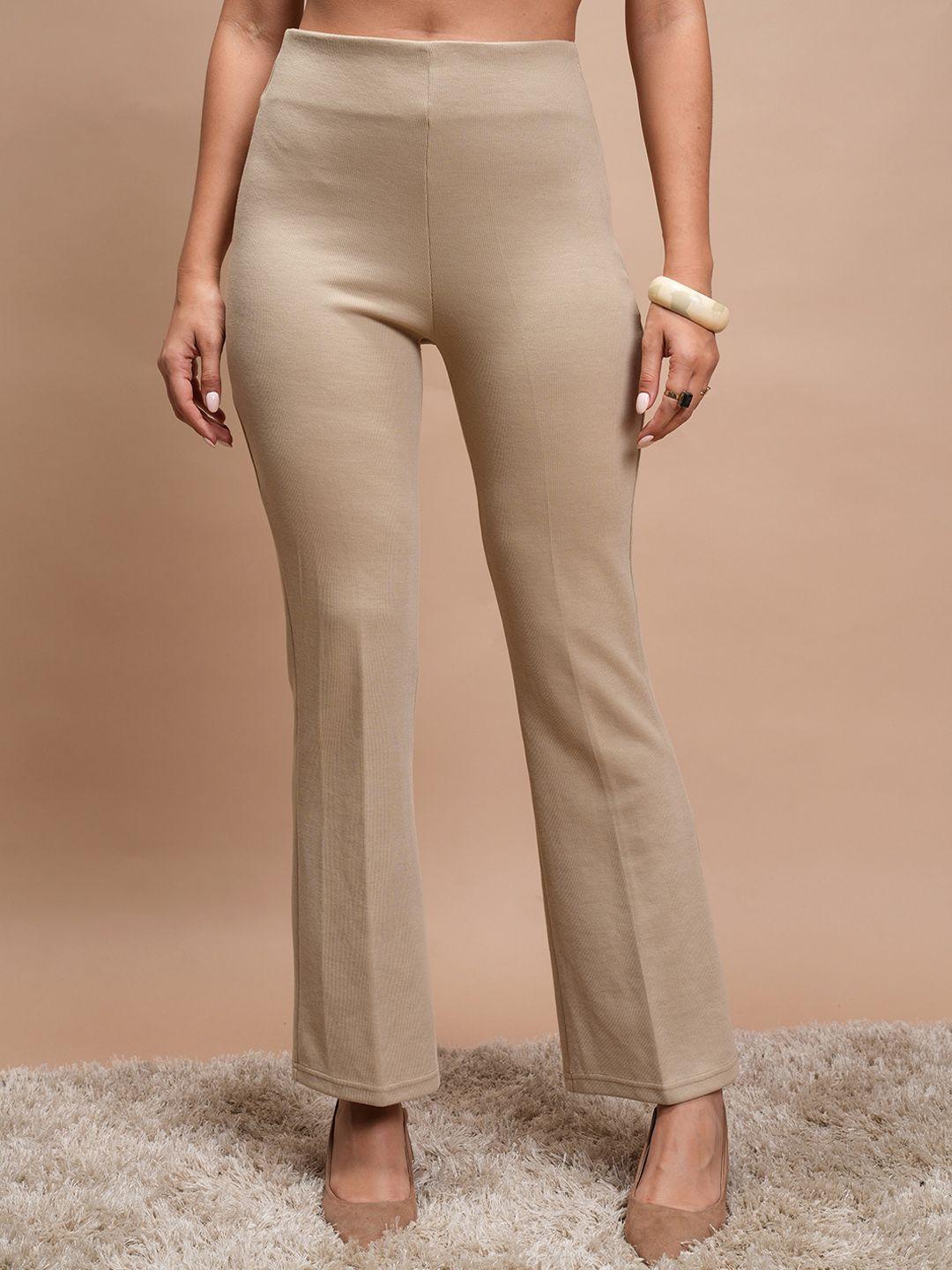 vishudh women taupe flared trousers