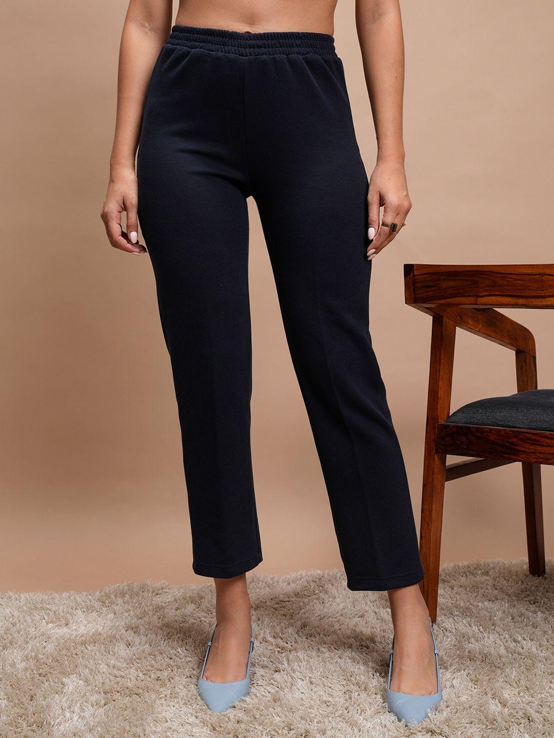 vishudh women navy blue slim fit trousers