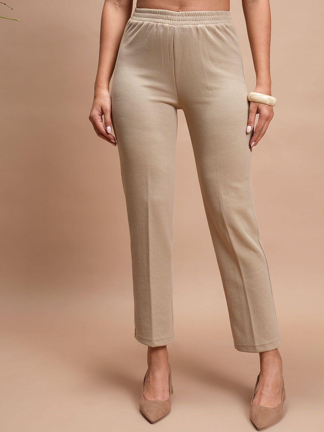 vishudh women taupe slim fit trousers