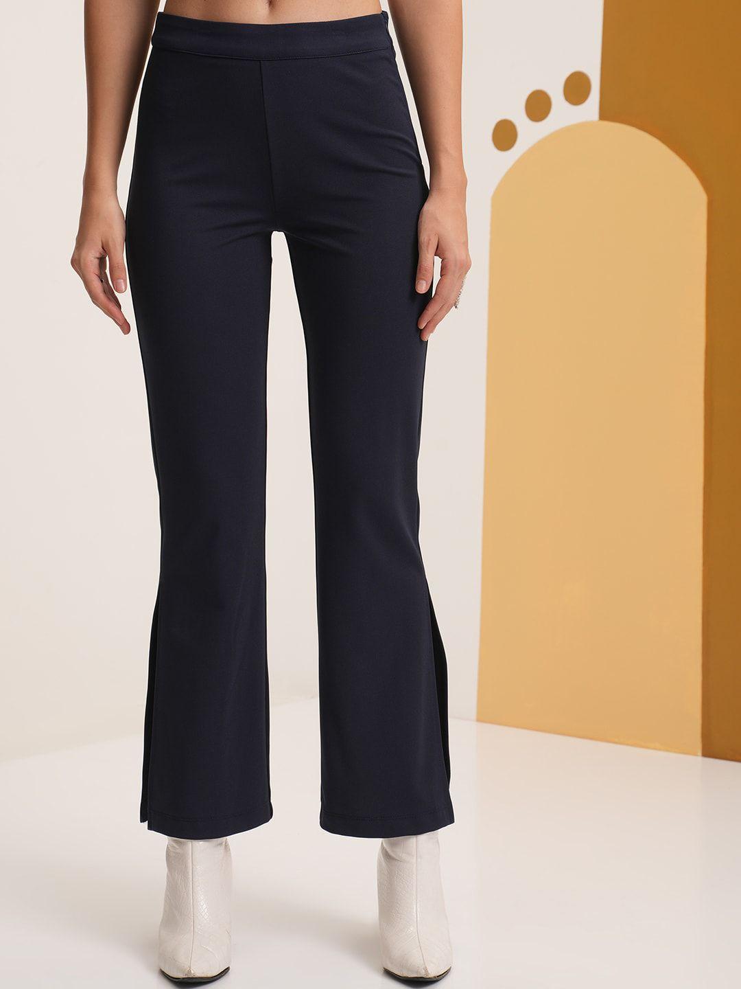 vishudh women navy blue flared trousers