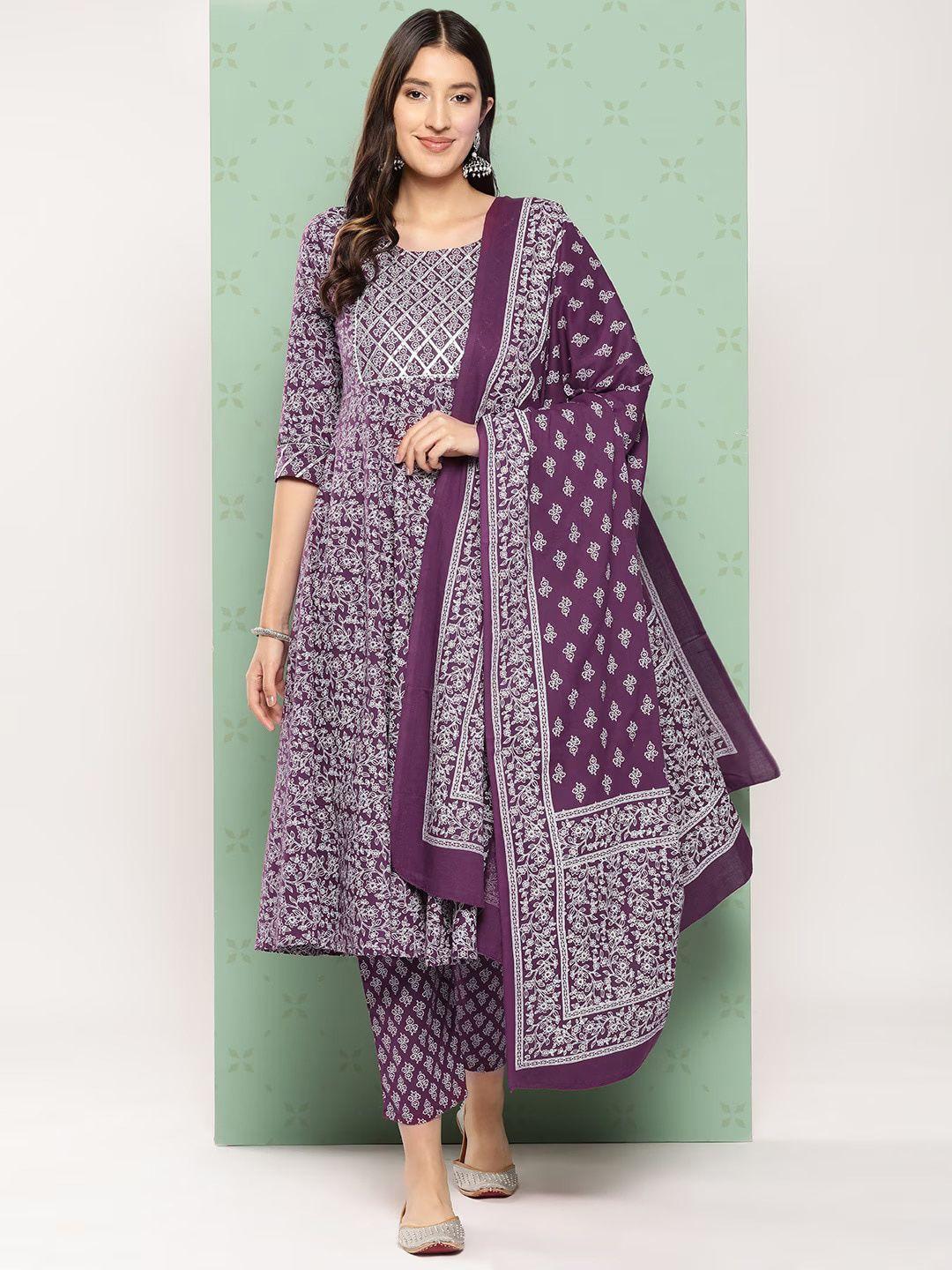 kalini women purple ethnic motifs printed pure cotton kurta with trousers & with dupatta