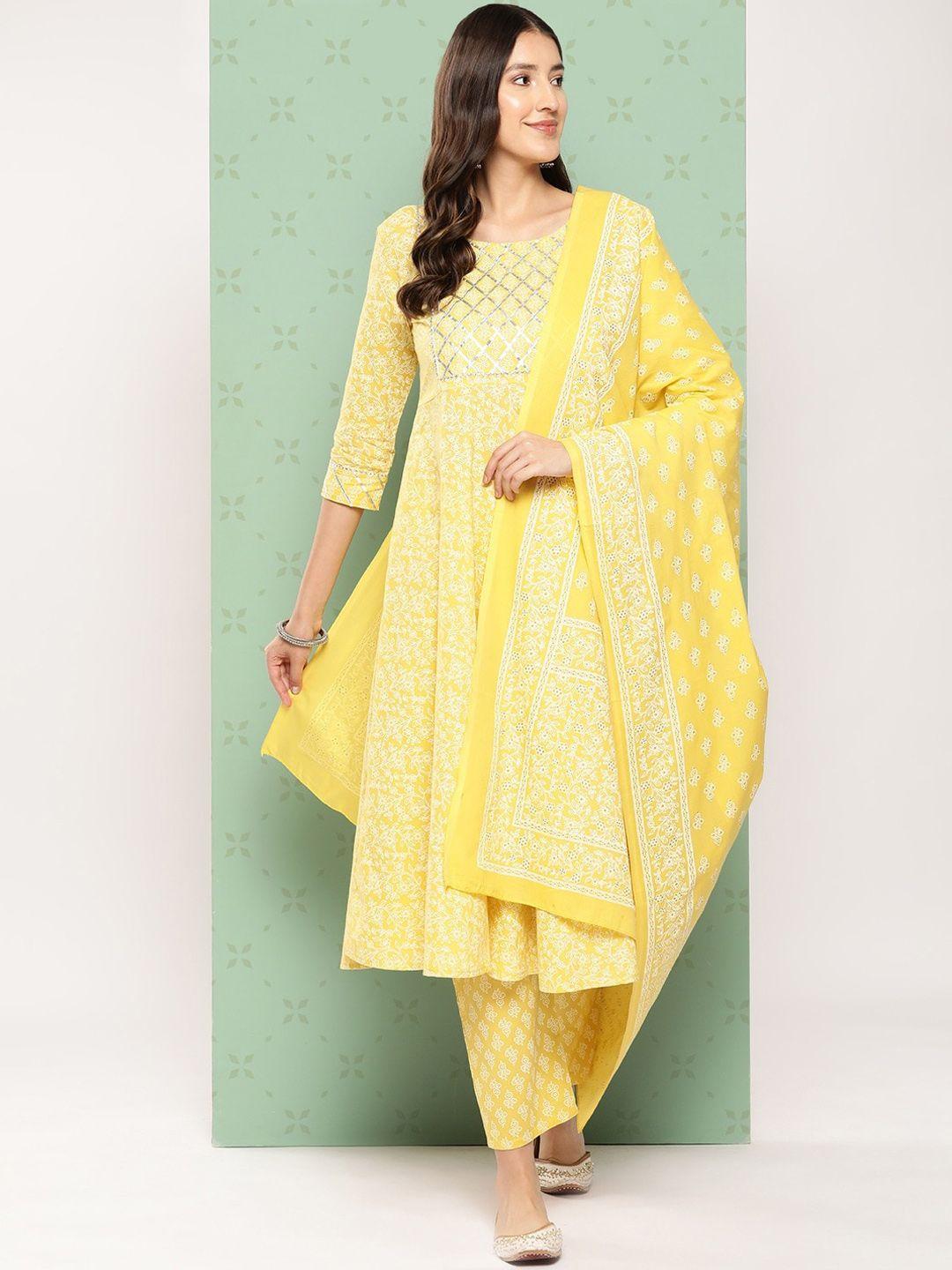 kalini women yellow ethnic motifs printed pure cotton kurta with trousers & with dupatta