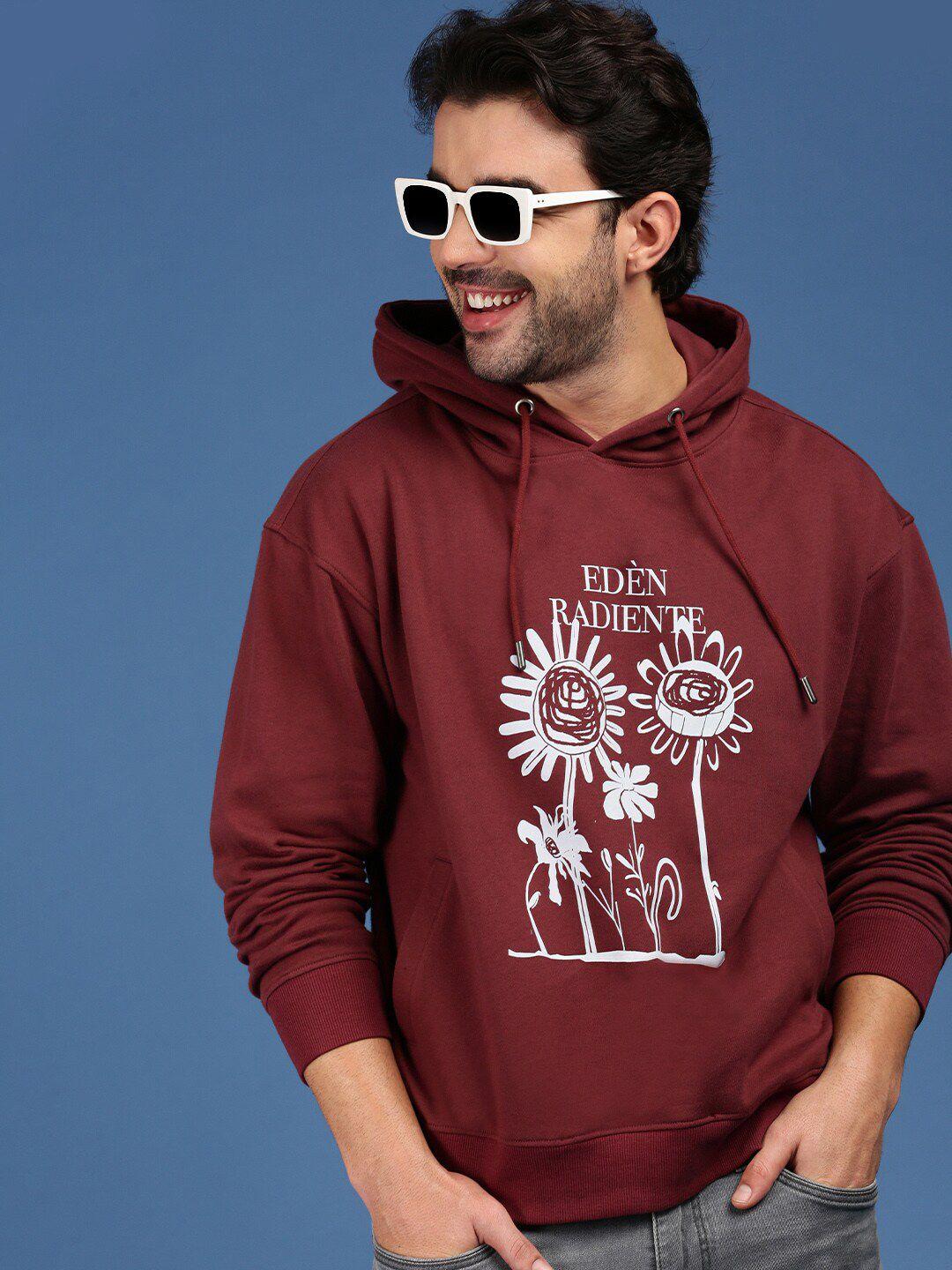 mast & harbour maroon graphic printed hooded drop shoulder sleeves pure cotton sweatshirt