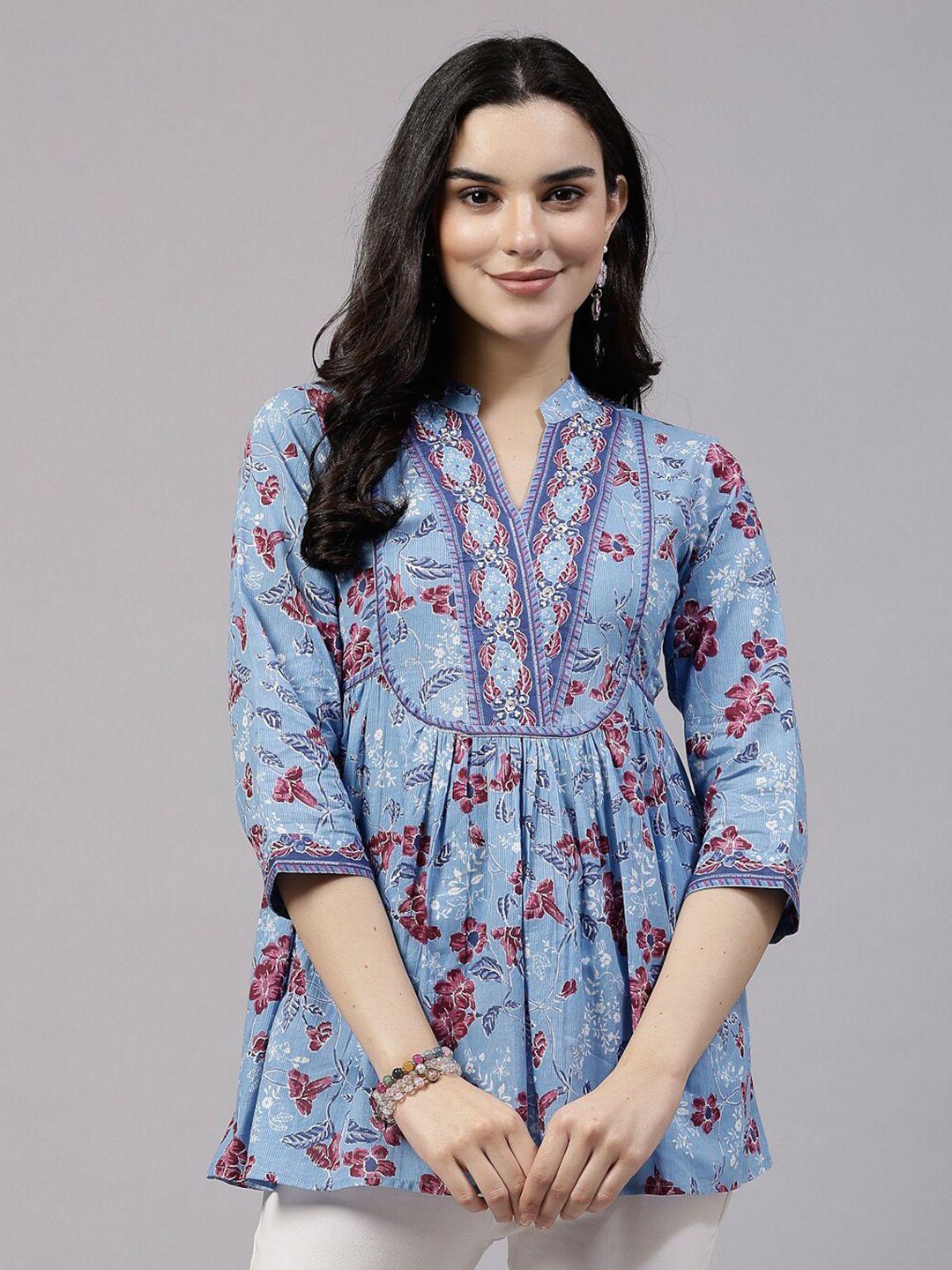 qomn blue floral cotton top