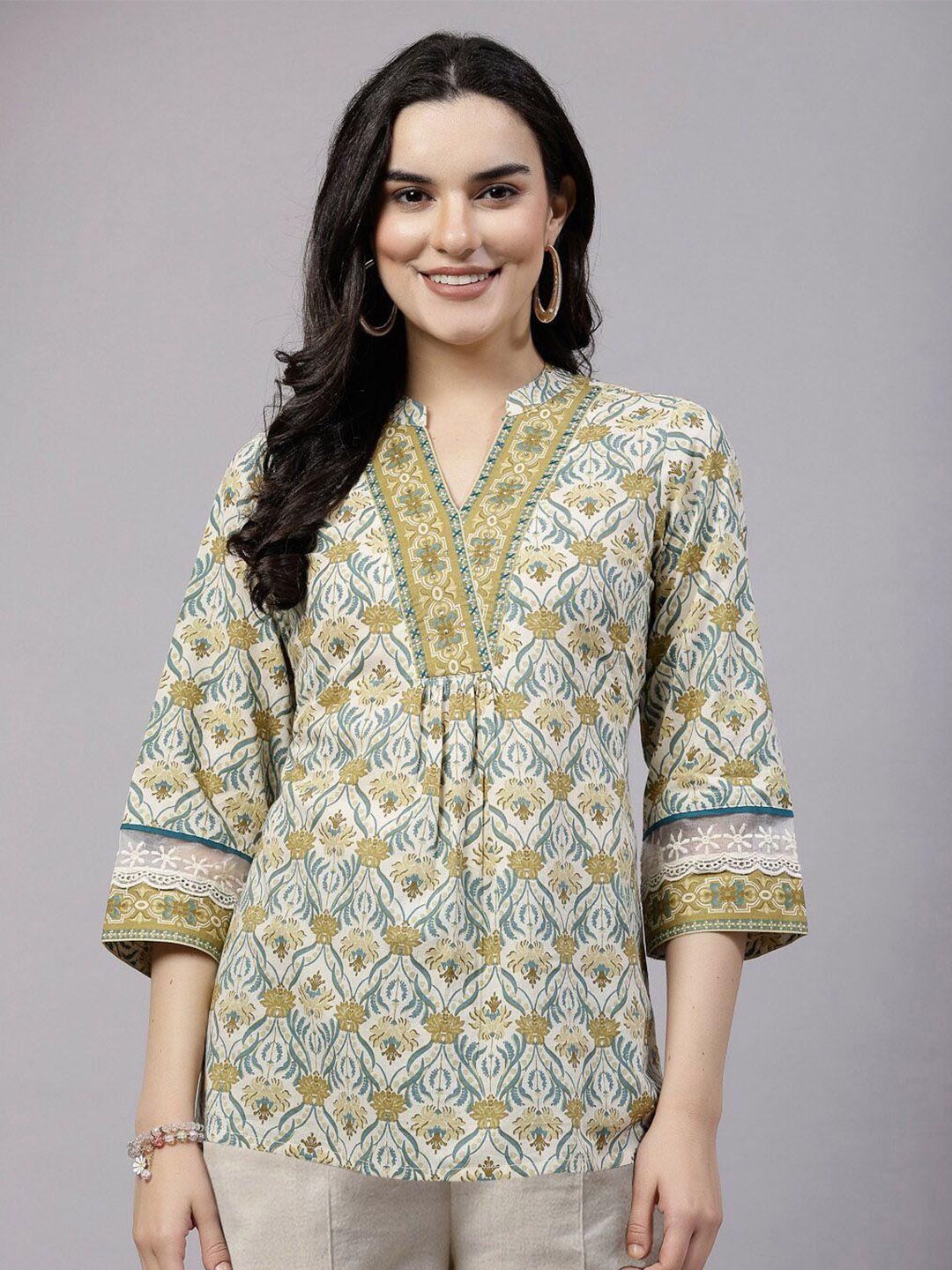 qomn green floral flared sleeve cotton top