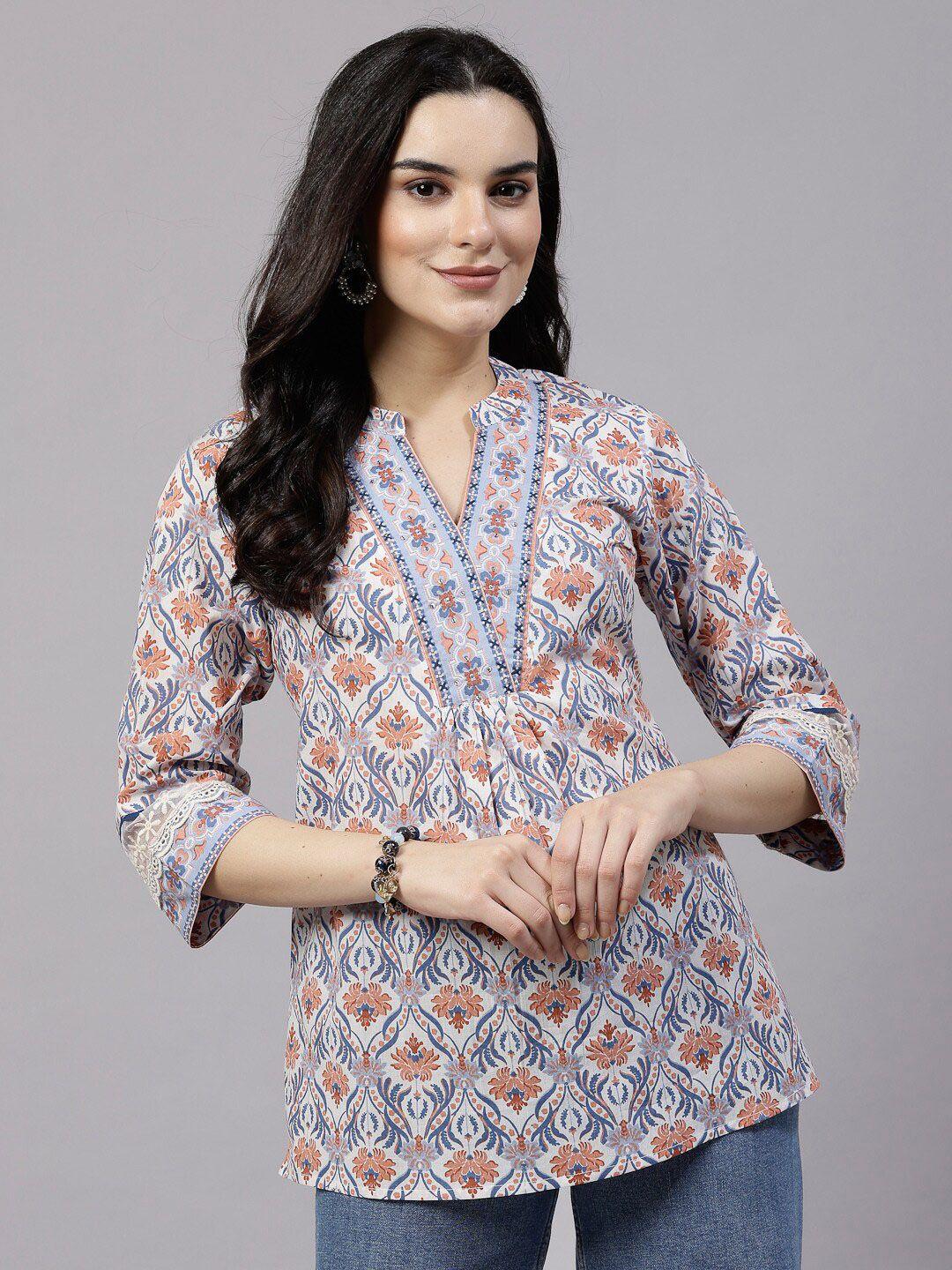 qomn blue floral flared sleeve cotton top