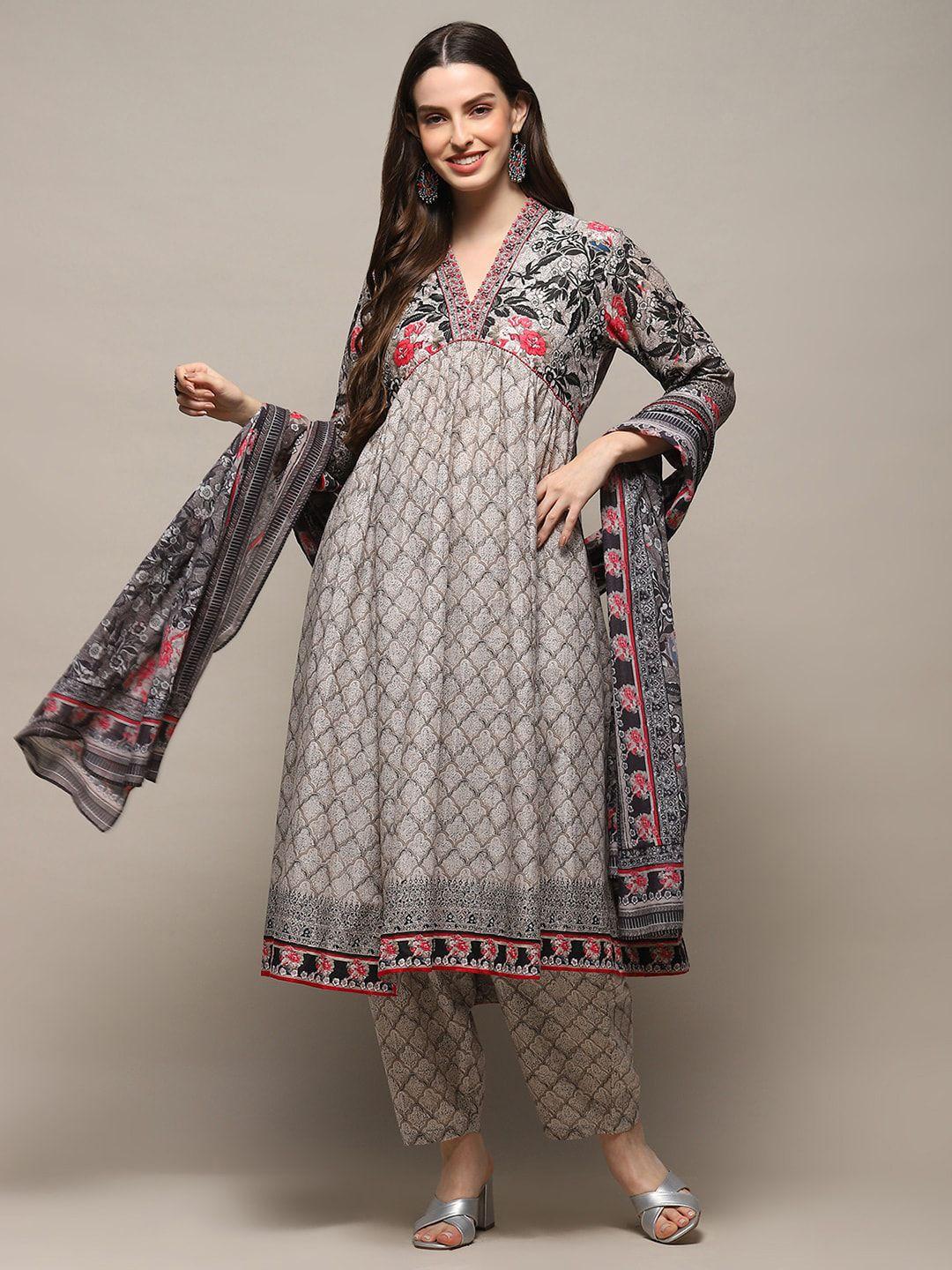 biba ethnic motifs printed beads & stones pure cotton a-line kurta & trouser with dupatta