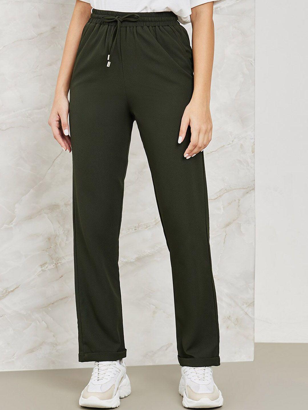 styli women olive green tapered fit trousers