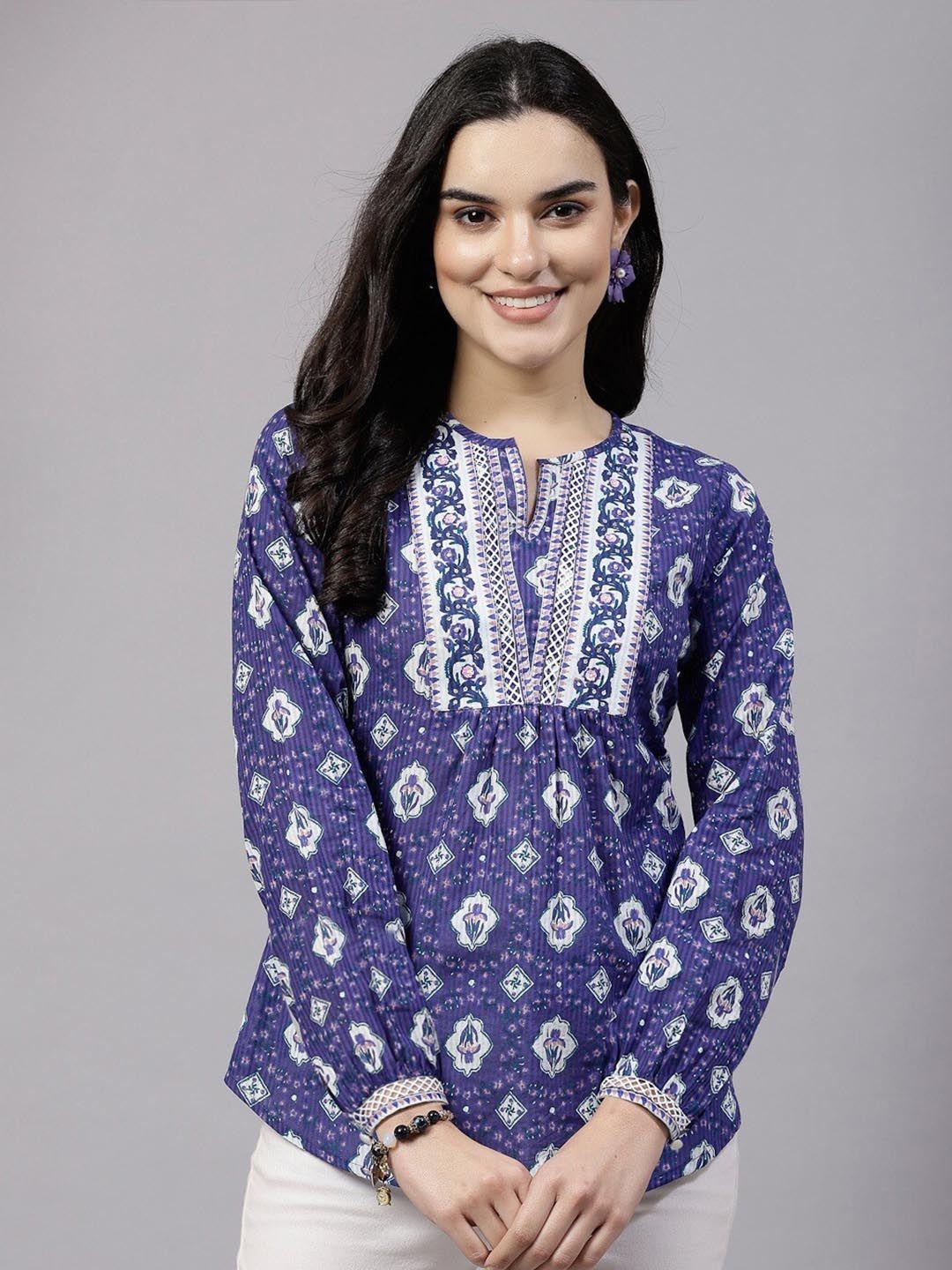 qomn violet floral cotton top