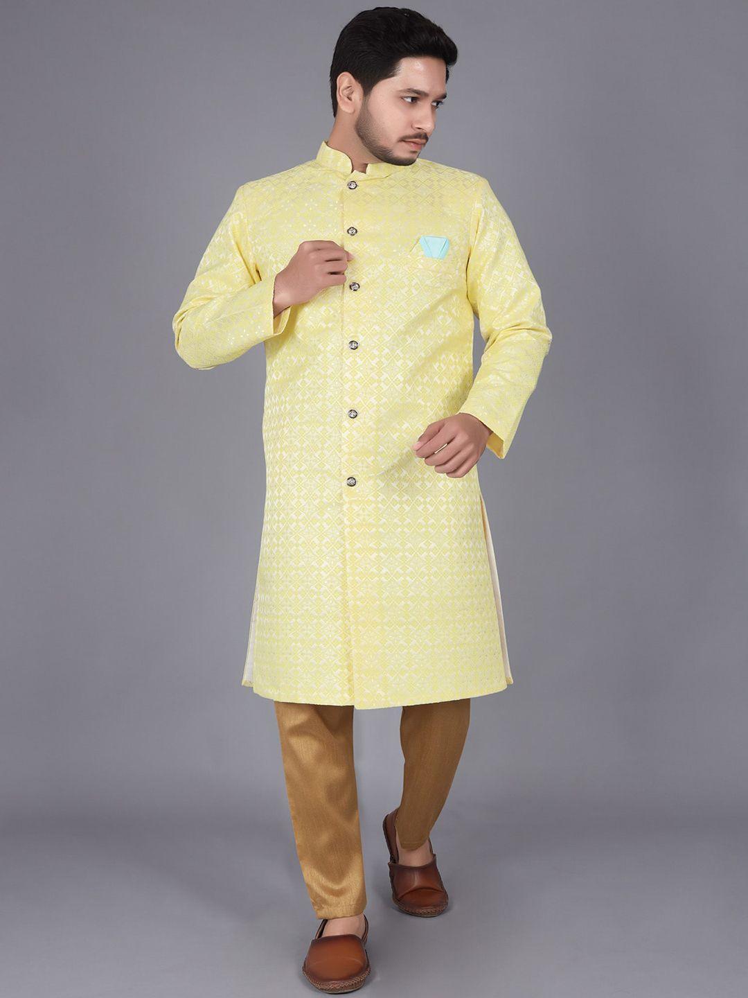 amzira self design mandarin collar pure cotton sherwani set