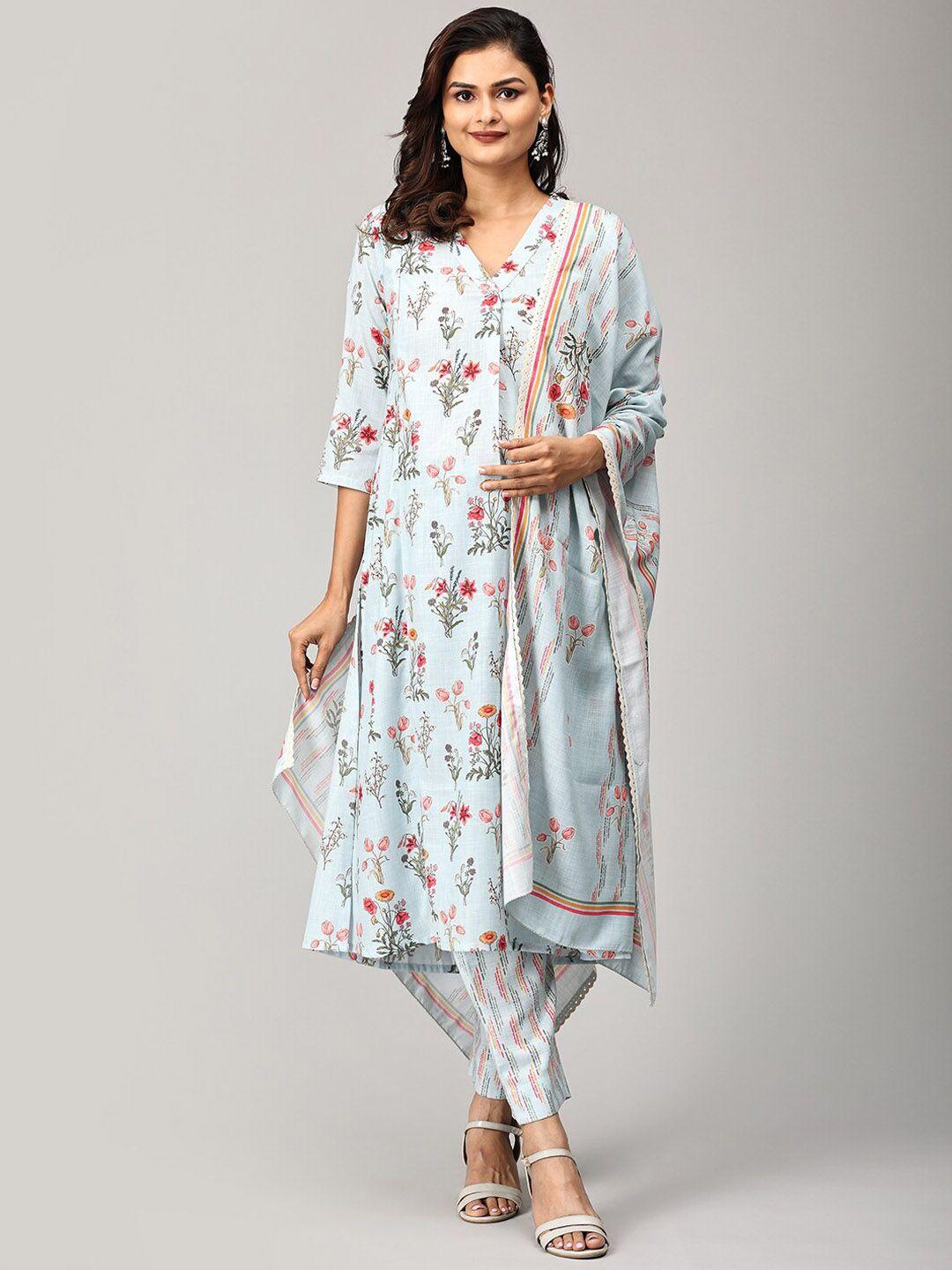 the mom store women blue floral printed regular pure cotton kurta with trousers & with dupatta