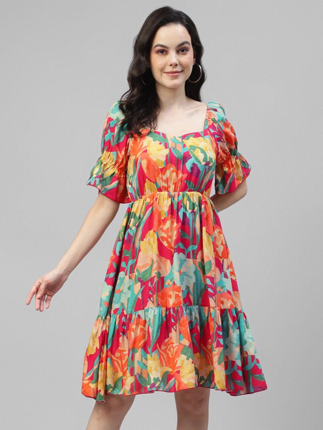 deebaco multicoloured print puff sleeve fit & flare dress