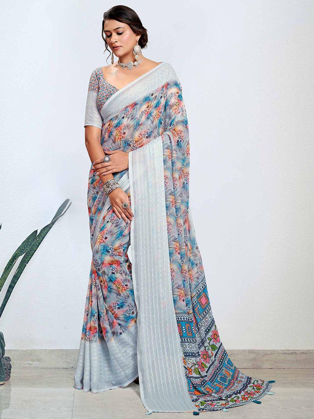 mitera grey embroidered pure georgette designer bagh saree