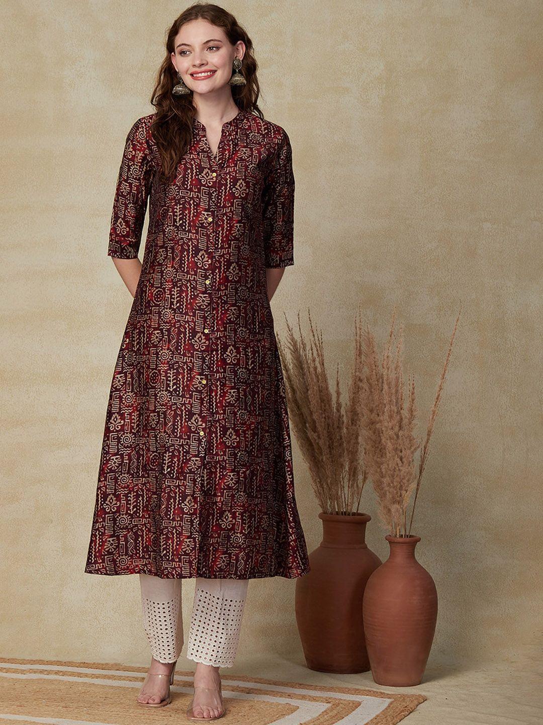 fashor women burgundy ethnic motifs printed thread work kurta