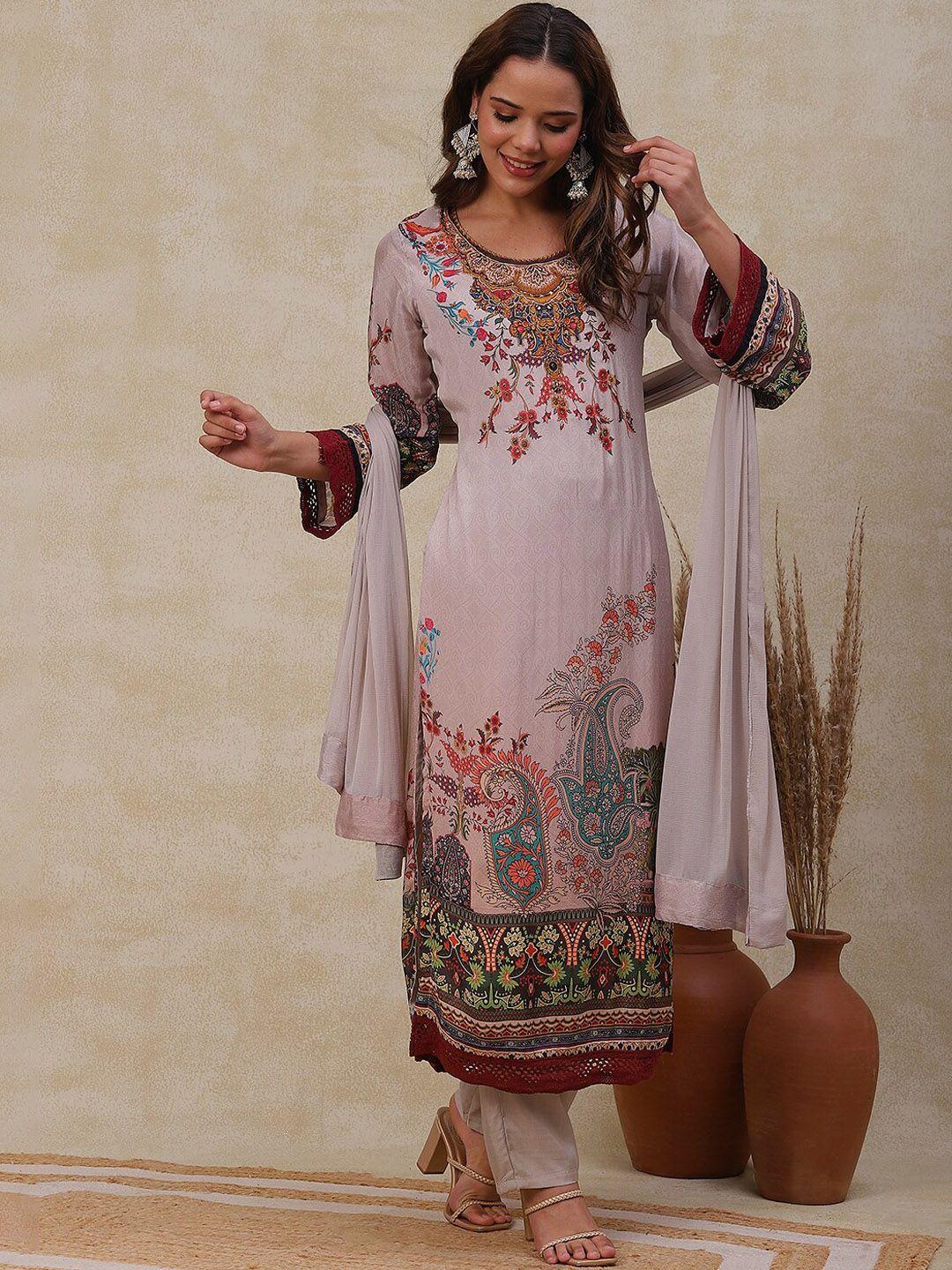 fashor women beige floral printed regular beads and stones kurta with trousers & with dupatta