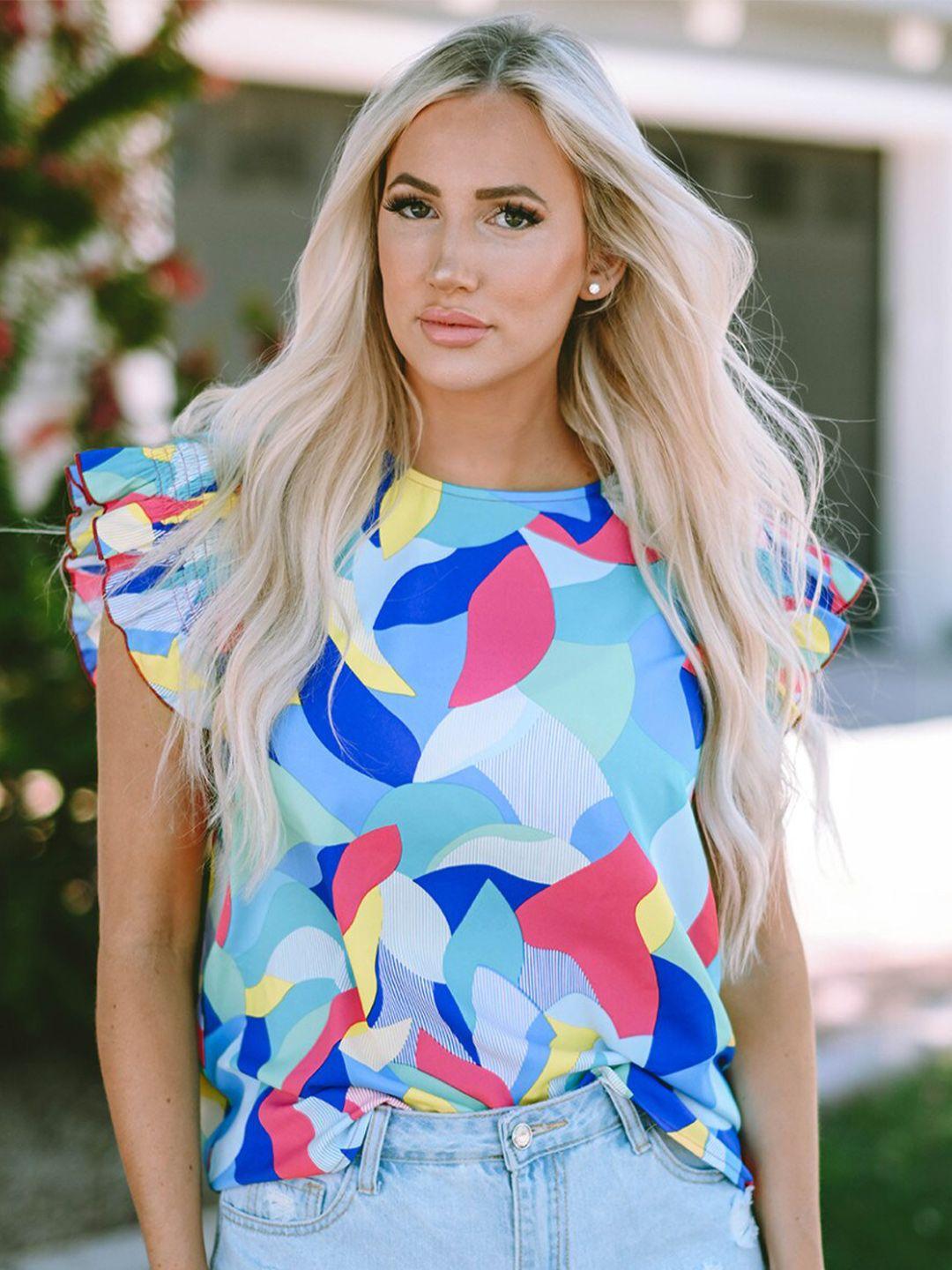 stylecast blue & pink abstract printed flutter sleeves top