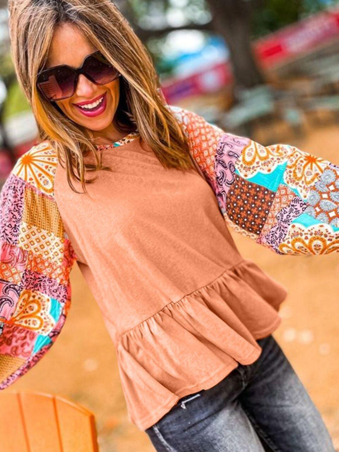 stylecast orange boho paisley mix print raglan sleeve ruffled top