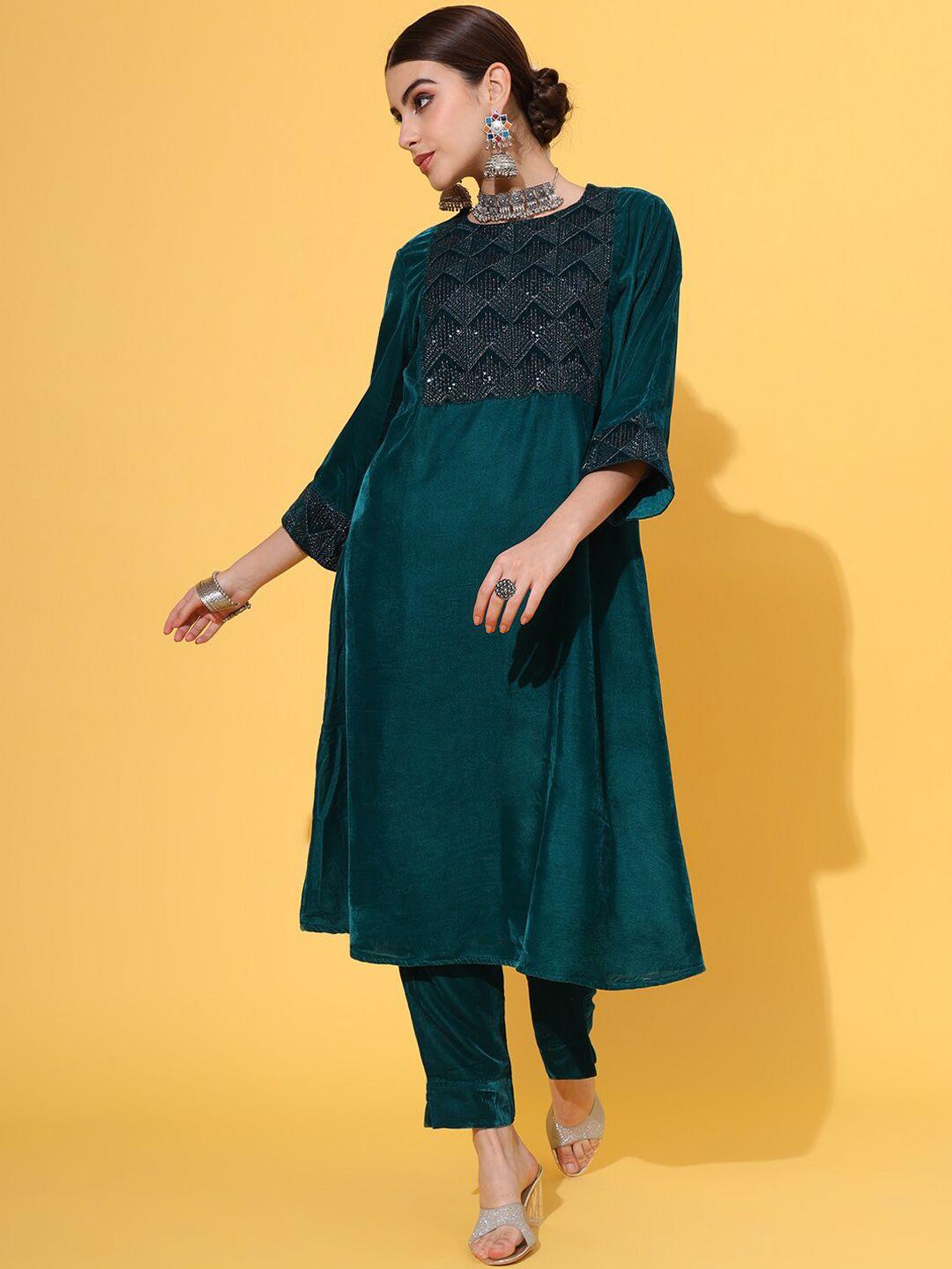 jaipur prime women green yoke design regular velvet kurta with trousers