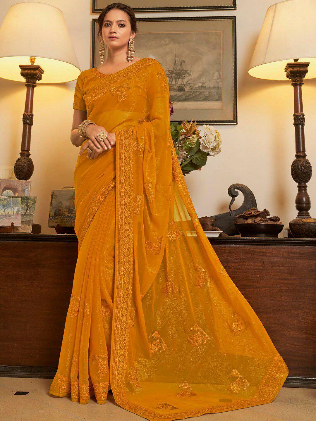 mitera mustard embellished embroidered pure chiffon designer saree