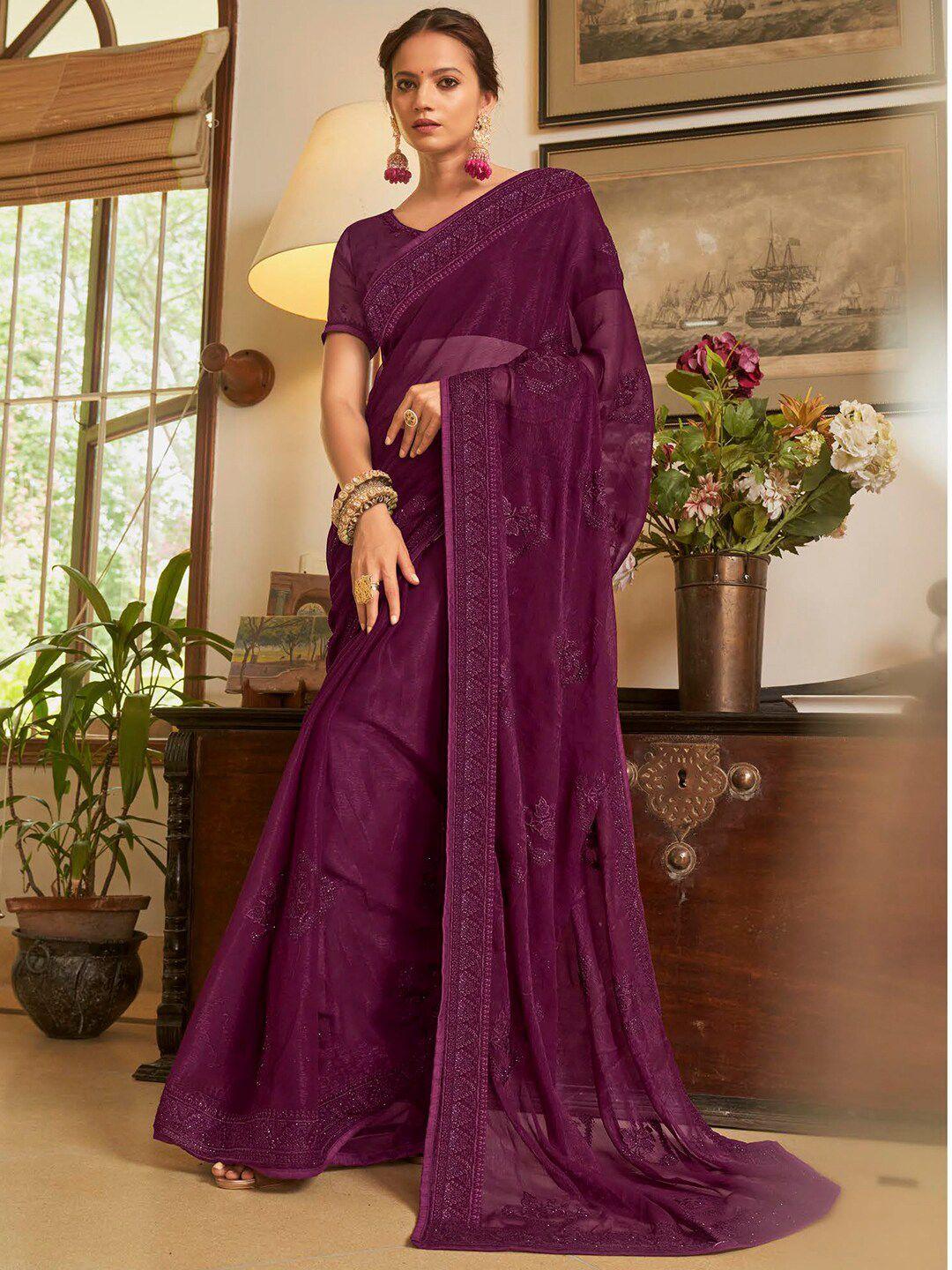 mitera purple embellished embroidered pure chiffon designer saree