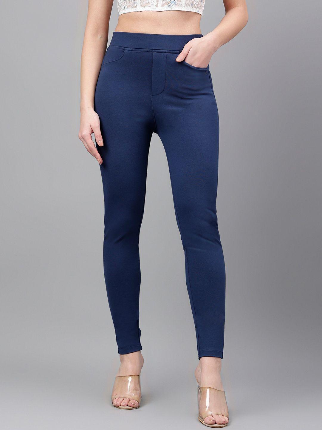 xpose women navy blue comfort slim fit high-rise trousers