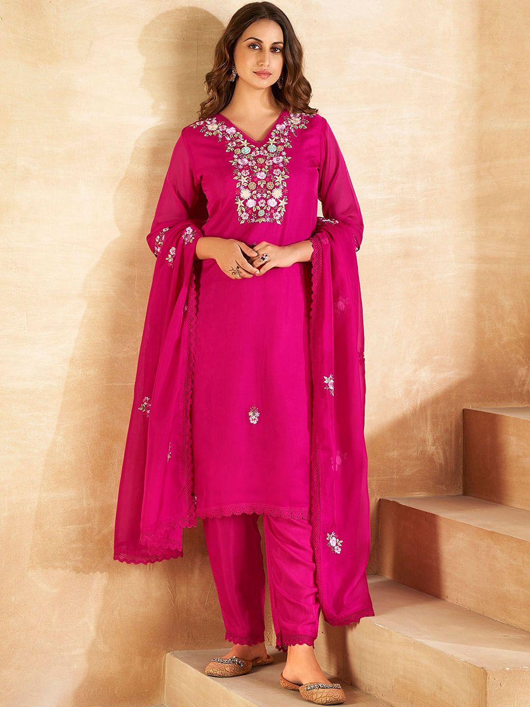 indo era floral embroidered regular kurta with trousers & dupatta