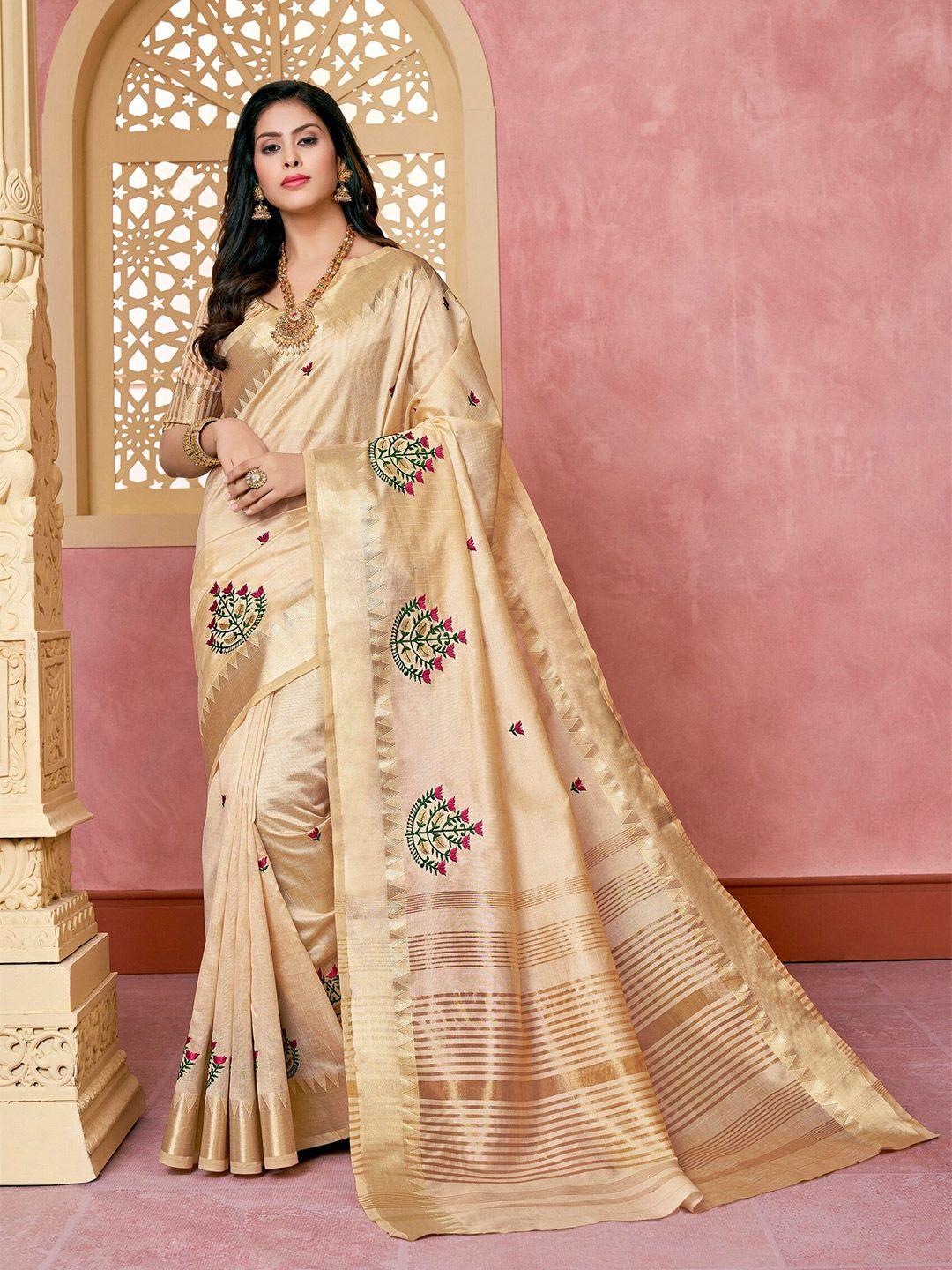 mitera cream-coloured floral embroidered silk cotton designer banarasi saree