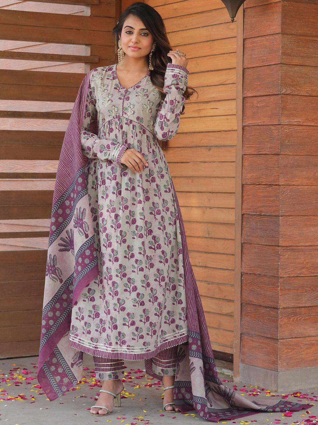 rajnandini women grey floral embroidered regular zardozi pure cotton kurti with trousers & with dupatta