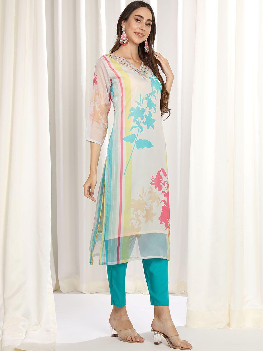 j.kanji floral printed regular kurta with trousers & dupatta