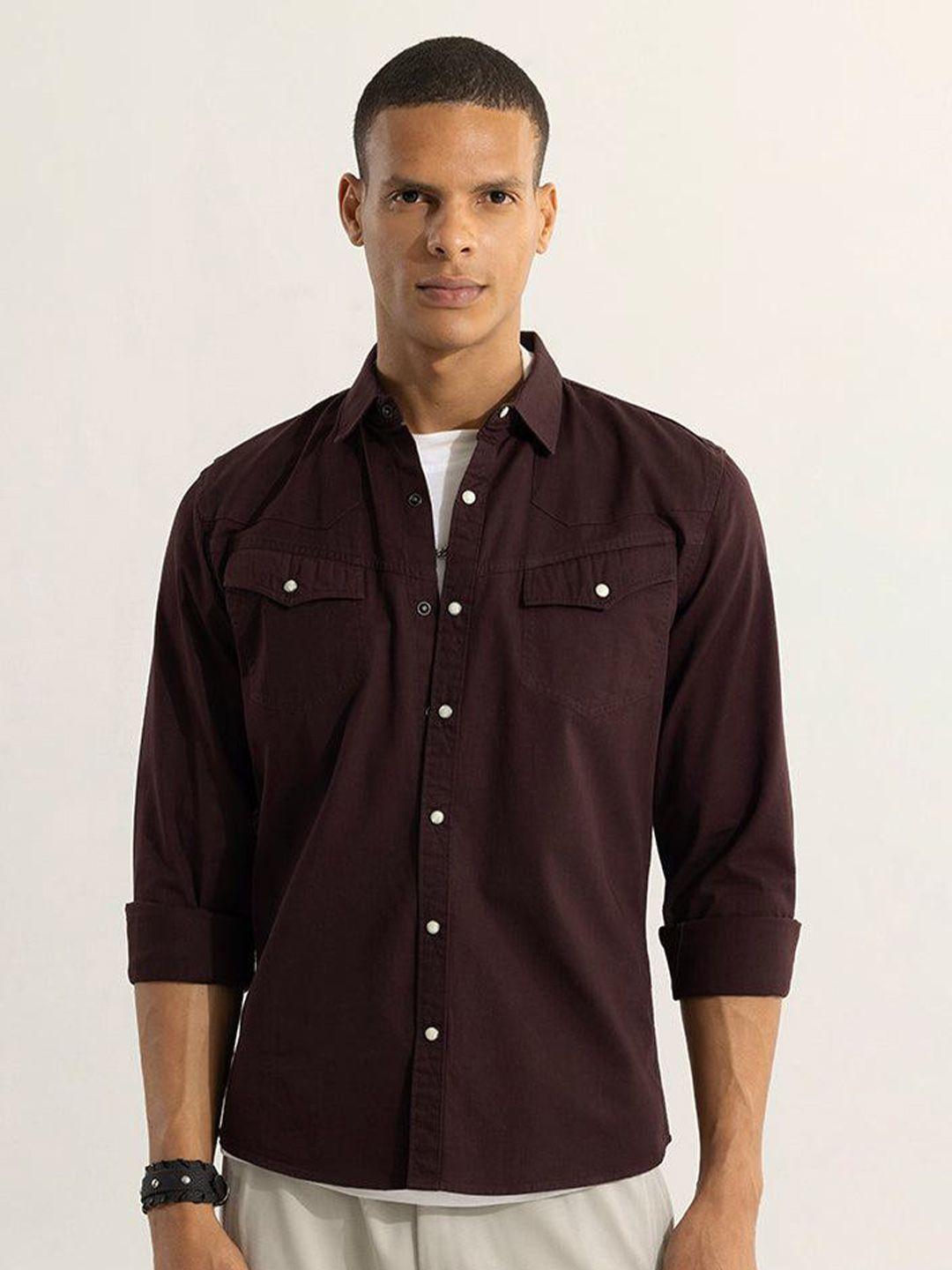 snitch maroon classic slim fit pure cotton casual shirt