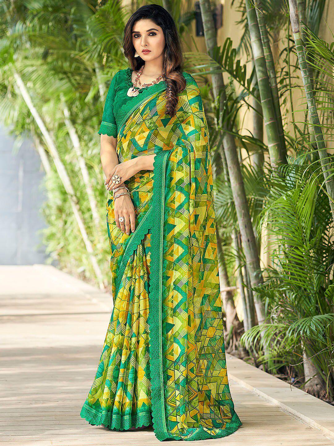 anouk yellow & green pure chiffon designer saree