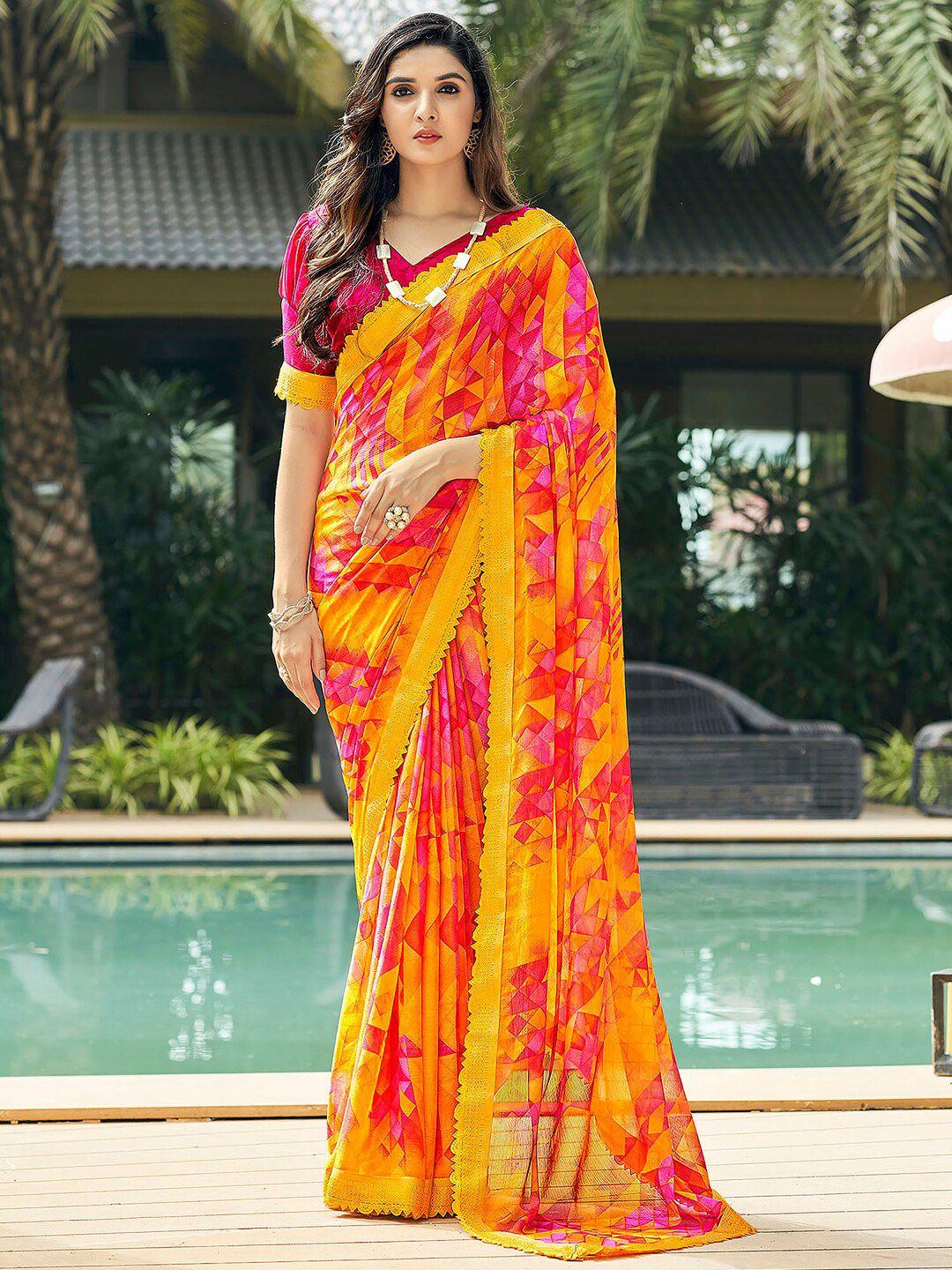 anouk yellow & pink pure chiffon designer saree