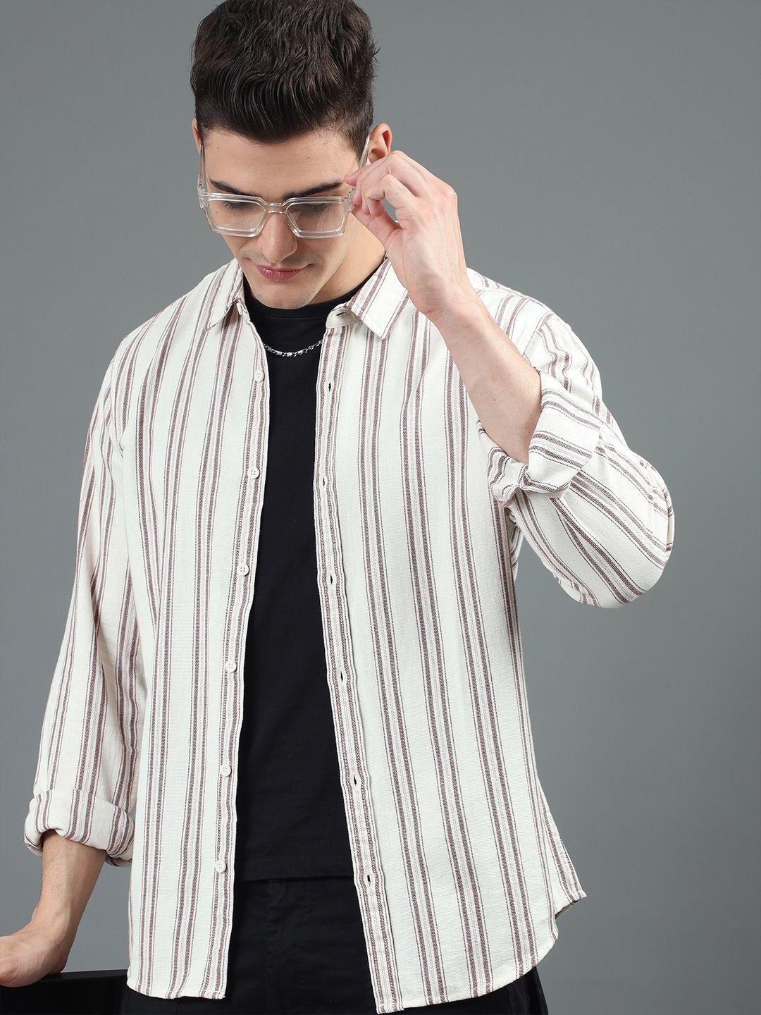 here&now cream-coloured slim fit vertical striped cotton casual shirt