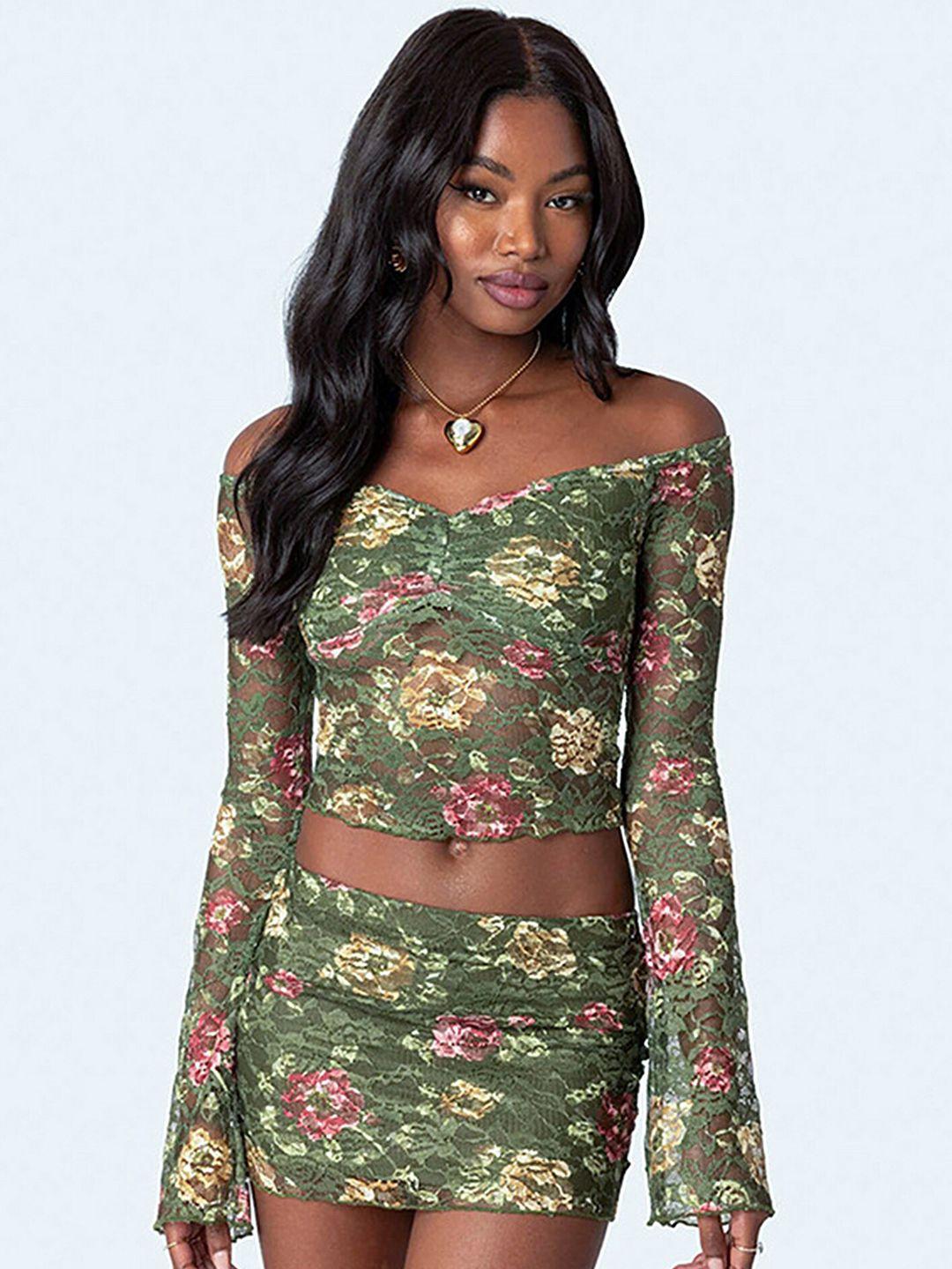 lulu & sky lace printed off shoulder top with mini skirt