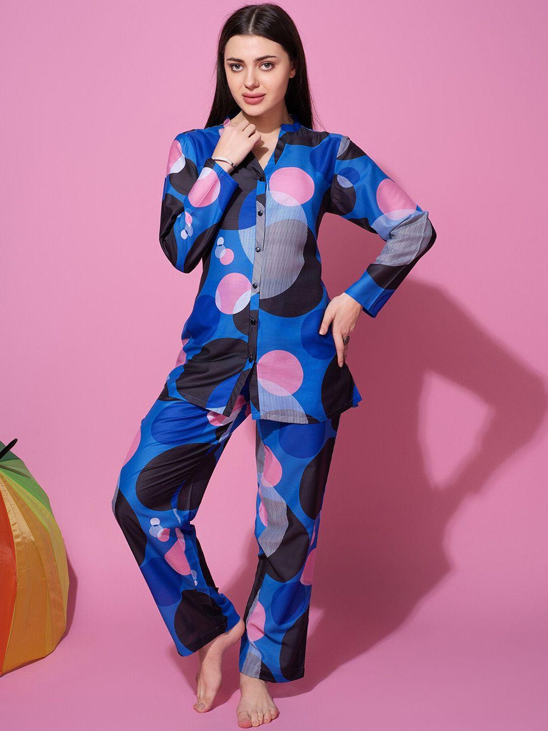 bannos swagger blue & pink geometric printed button down detailing nightsuit