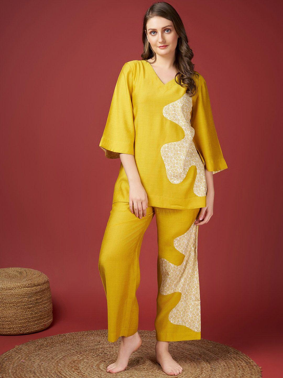 bannos swagger mustard yellow & white printed v-neck aplique detailing night suit